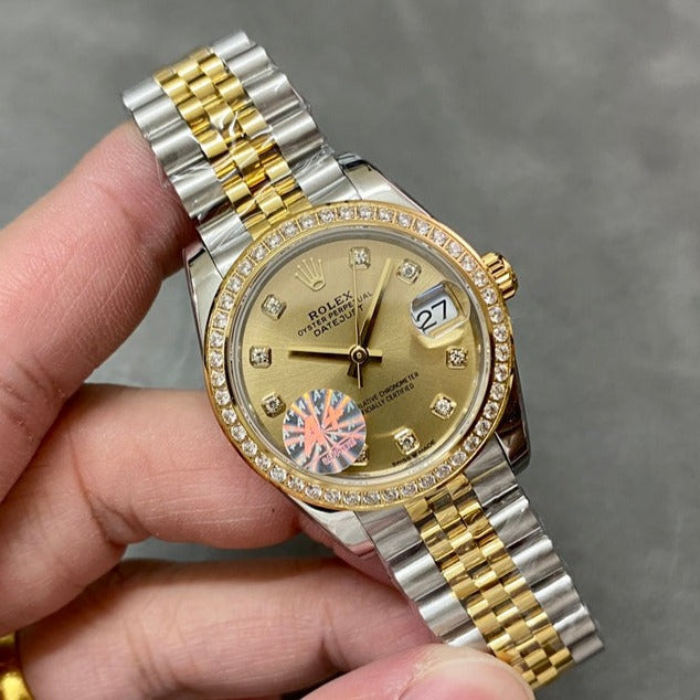 DATEJUST 31MM GOLD STEEL DIAMOND BEZEL YELLOW DIAL