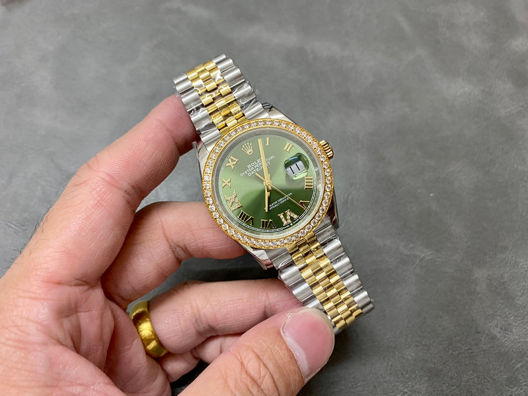 DATEJUST 31MM GOLD STEEL DIAMOND BEZEL GREEN DIAL