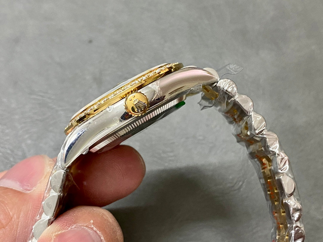 DATEJUST 31MM GOLD STEEL DIAMOND BEZEL GREEN DIAL