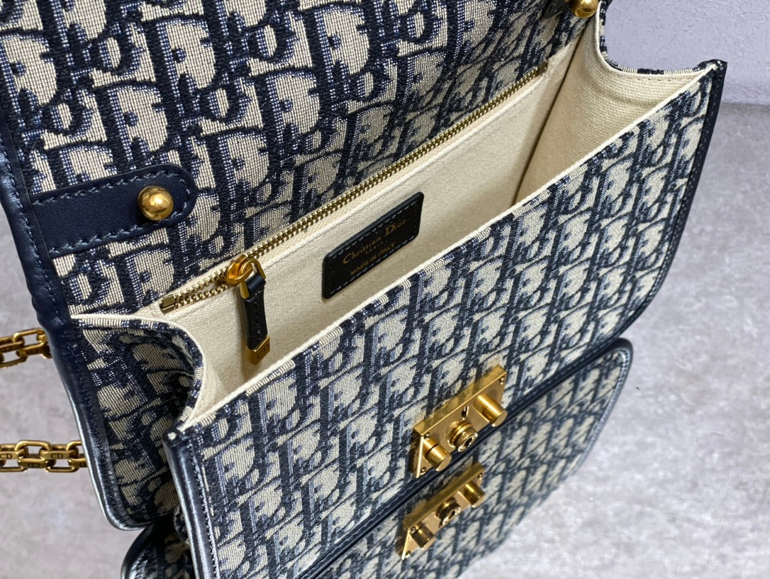 CD embroidered chain bag 24 dark blue leather cotton