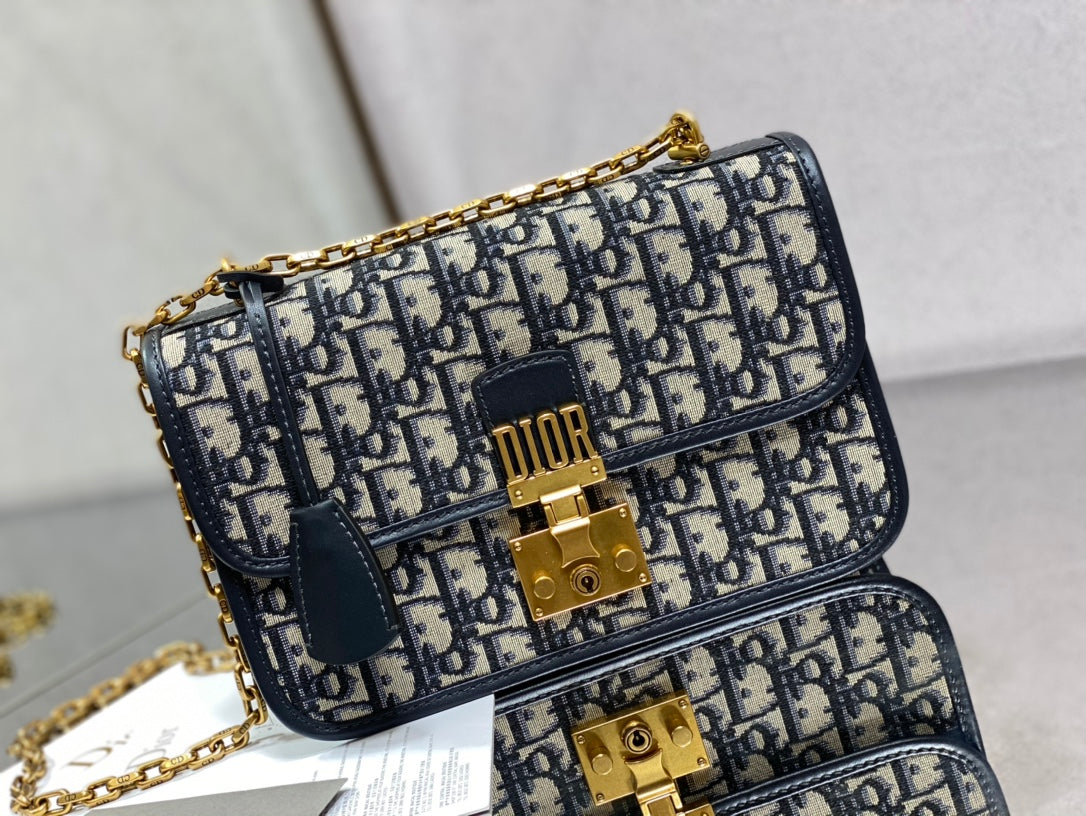 CD embroidered chain bag 24 dark blue leather cotton