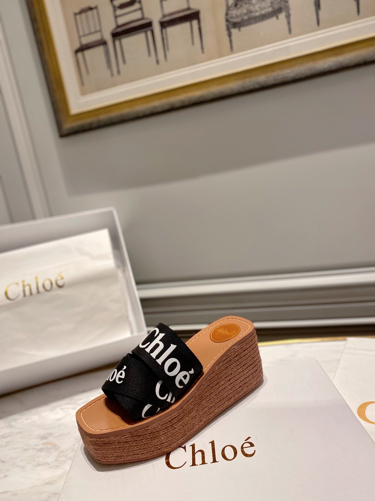 CHLOE WOODY WEDGE IN BLACK DENIM WITH WHITE LOGO