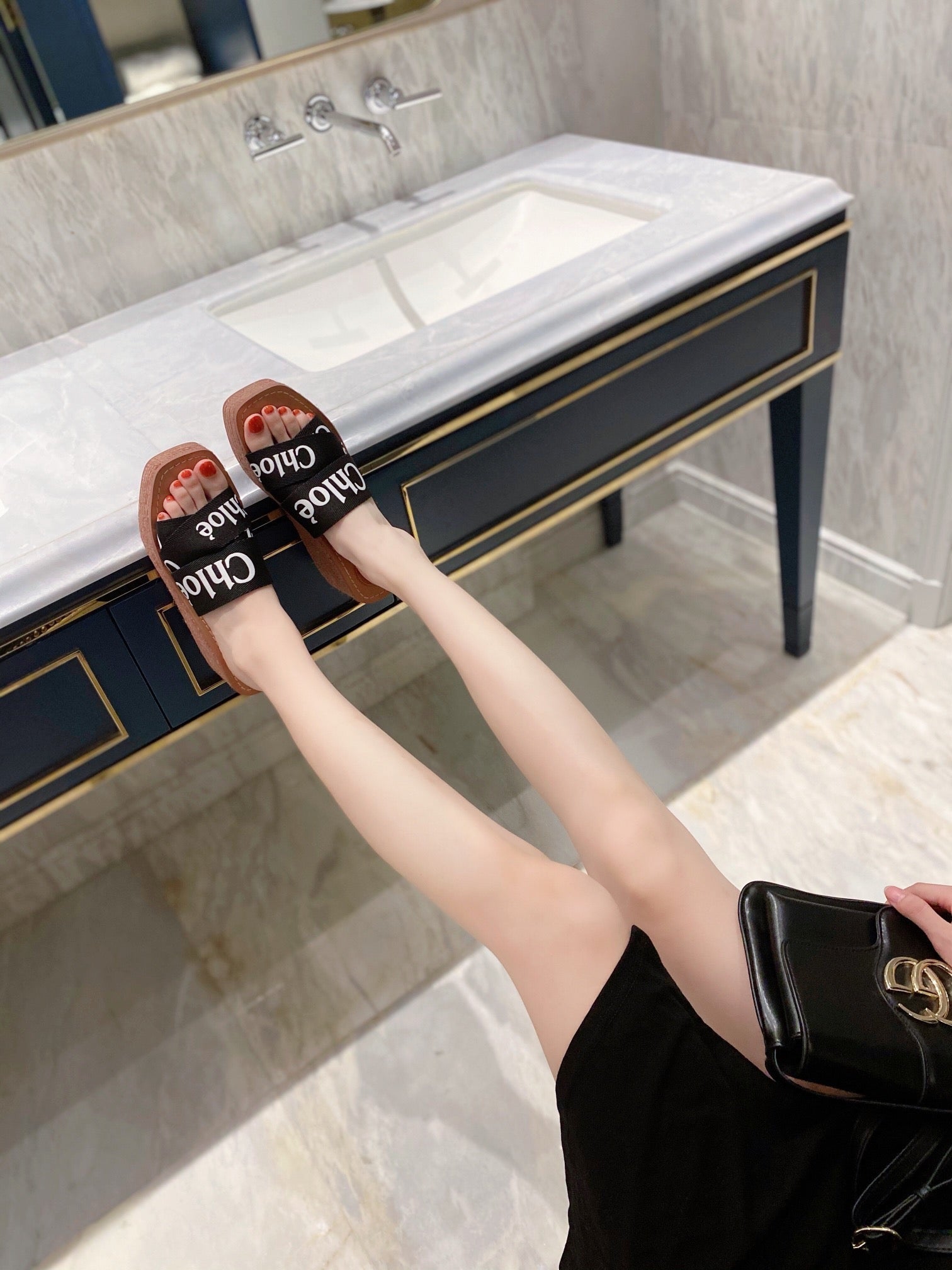 CHLOE WOODY WEDGE IN BLACK DENIM WITH WHITE LOGO