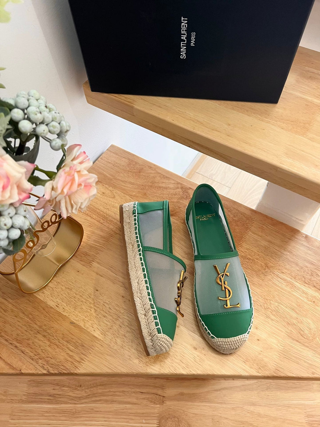 SL YVES LOGO SLIP ON DARK GREEN CALFSKIN AND MESH