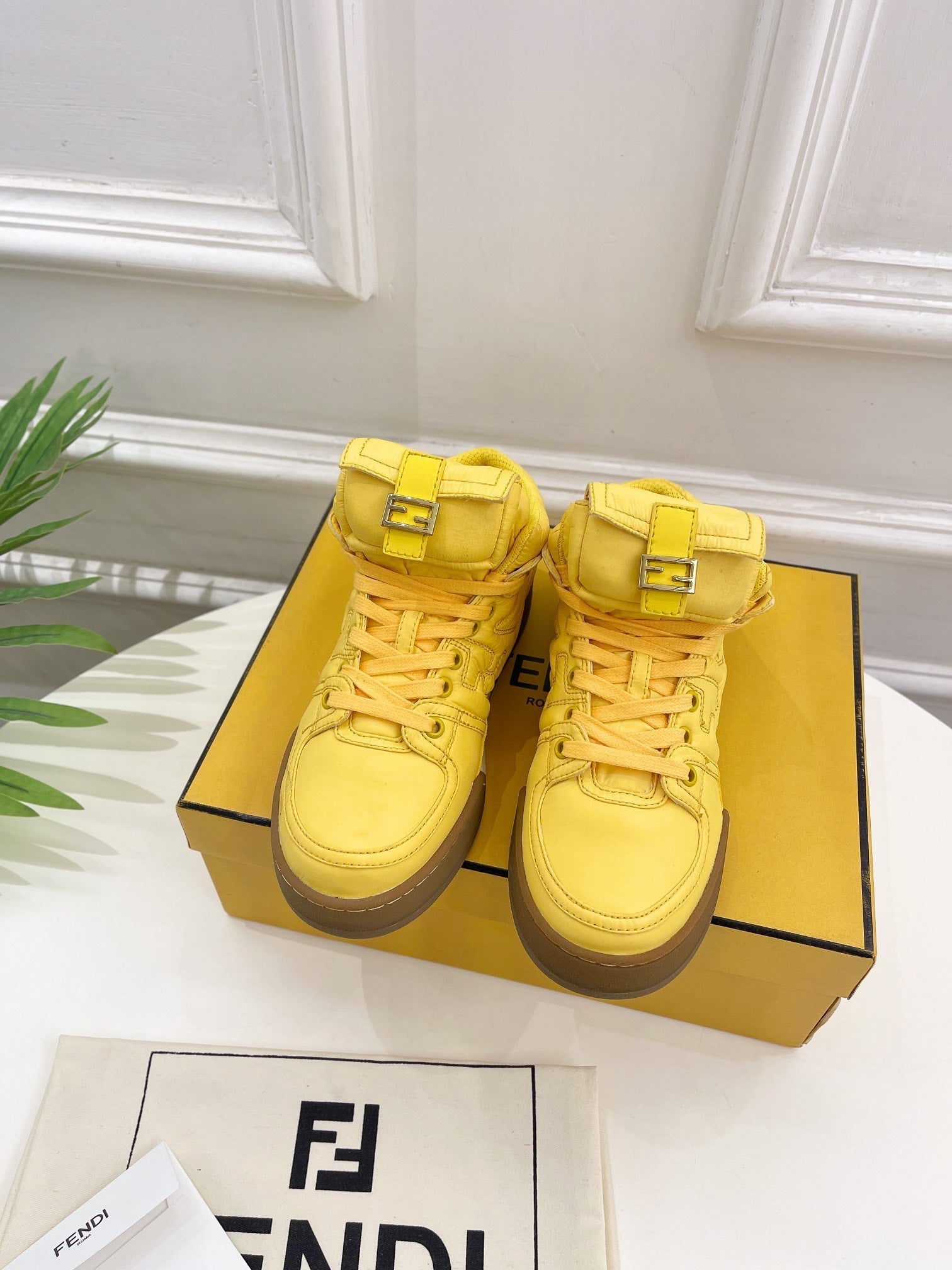 FENDI LOGO SOCK SNEAKER BOOTS IN CORN YELLOW LAMBSKIN