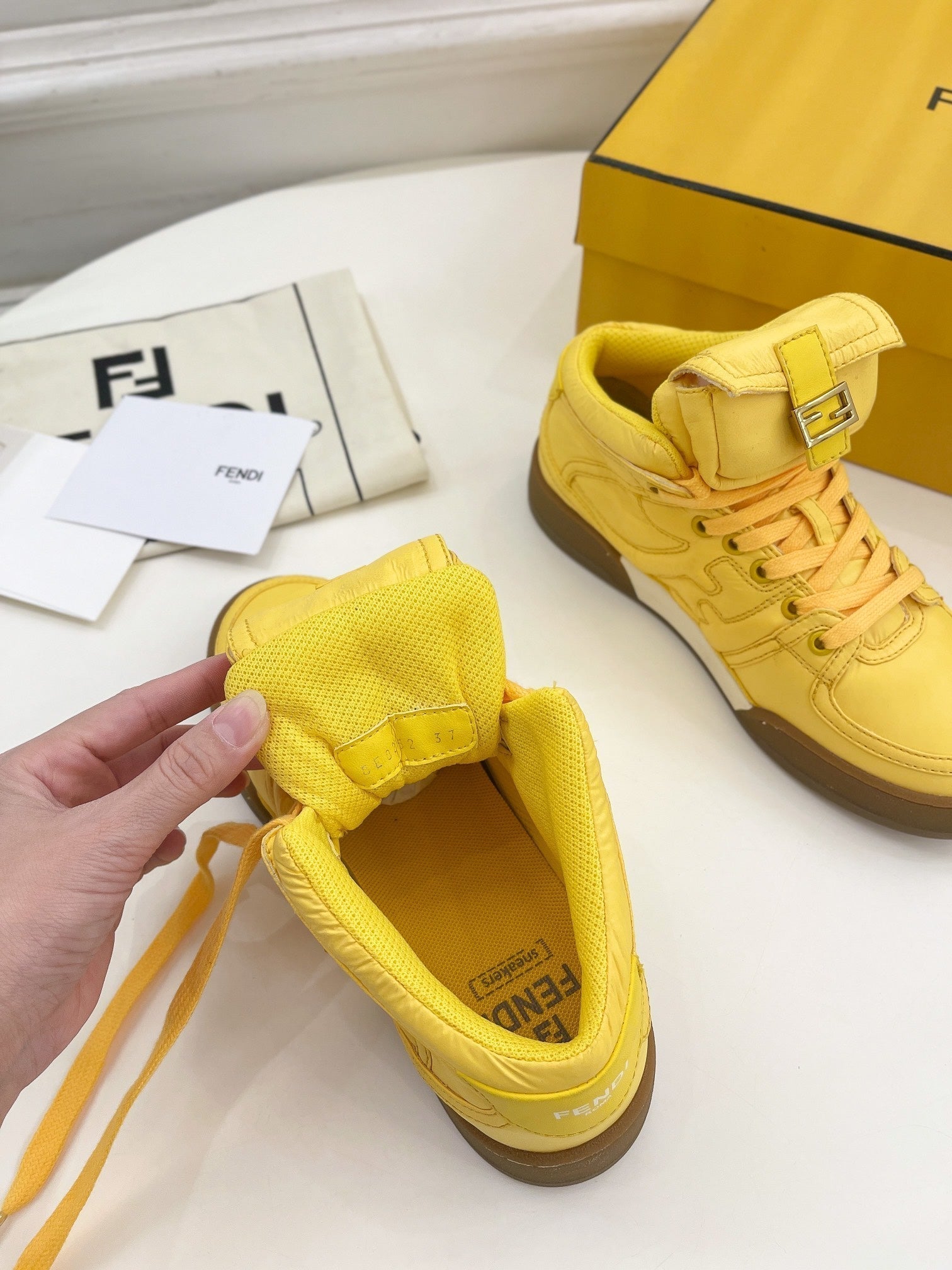 FENDI LOGO SOCK SNEAKER BOOTS IN CORN YELLOW LAMBSKIN
