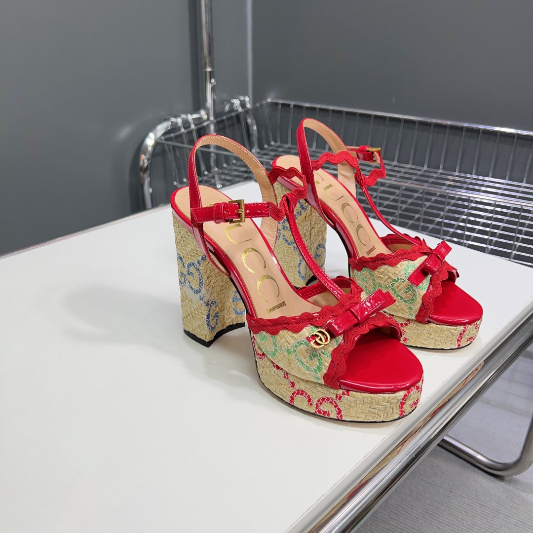 GG Platform Black Heel 105 Sandal Red Calfskin Beige Raffia