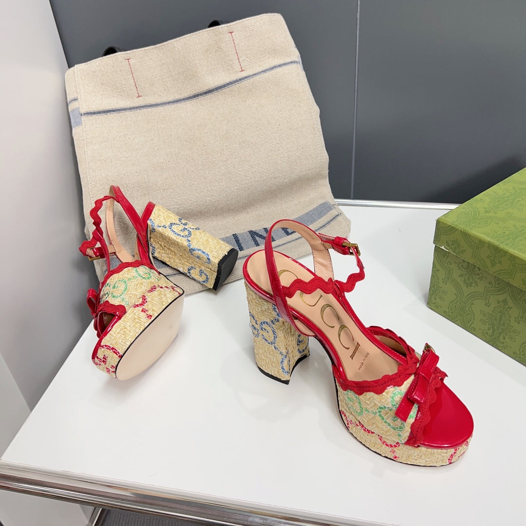 GG Platform Black Heel 105 Sandal Red Calfskin Beige Raffia