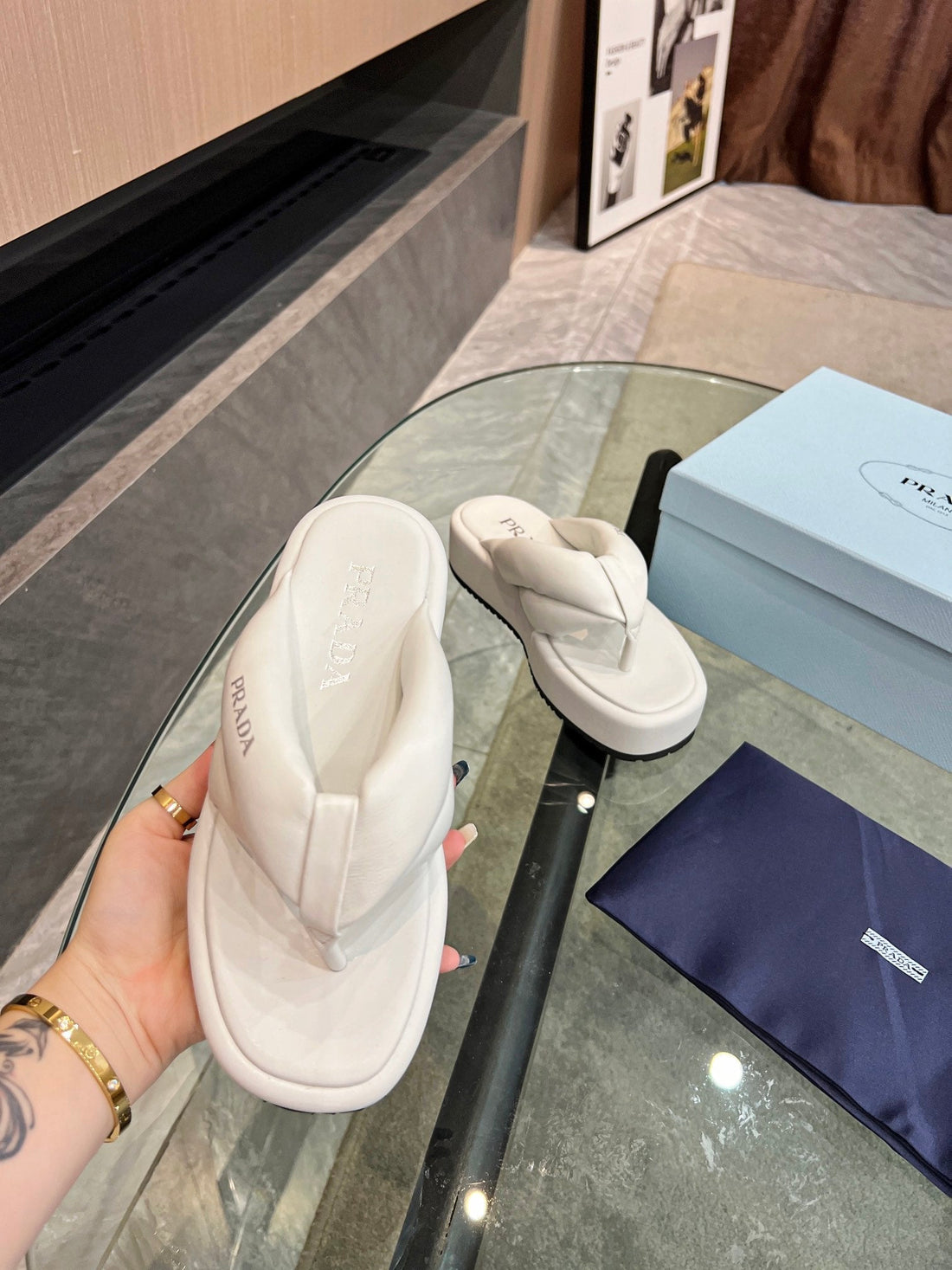 PRA THONG FLATFORM SANDALS WHITE LAMBSKIN