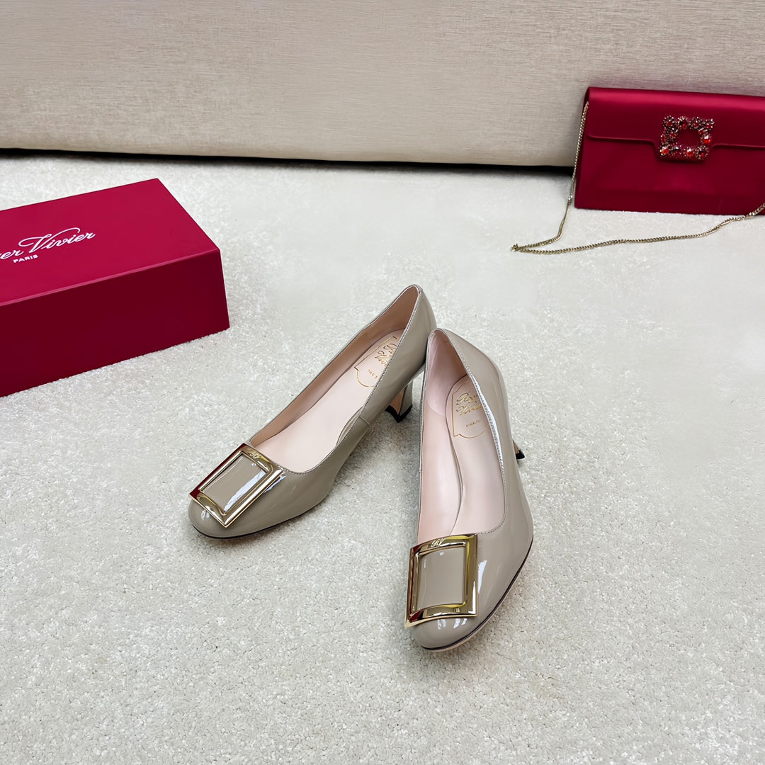 Belle Viv Edition Metal Buckle Pumps 65 Camel Patent Leather