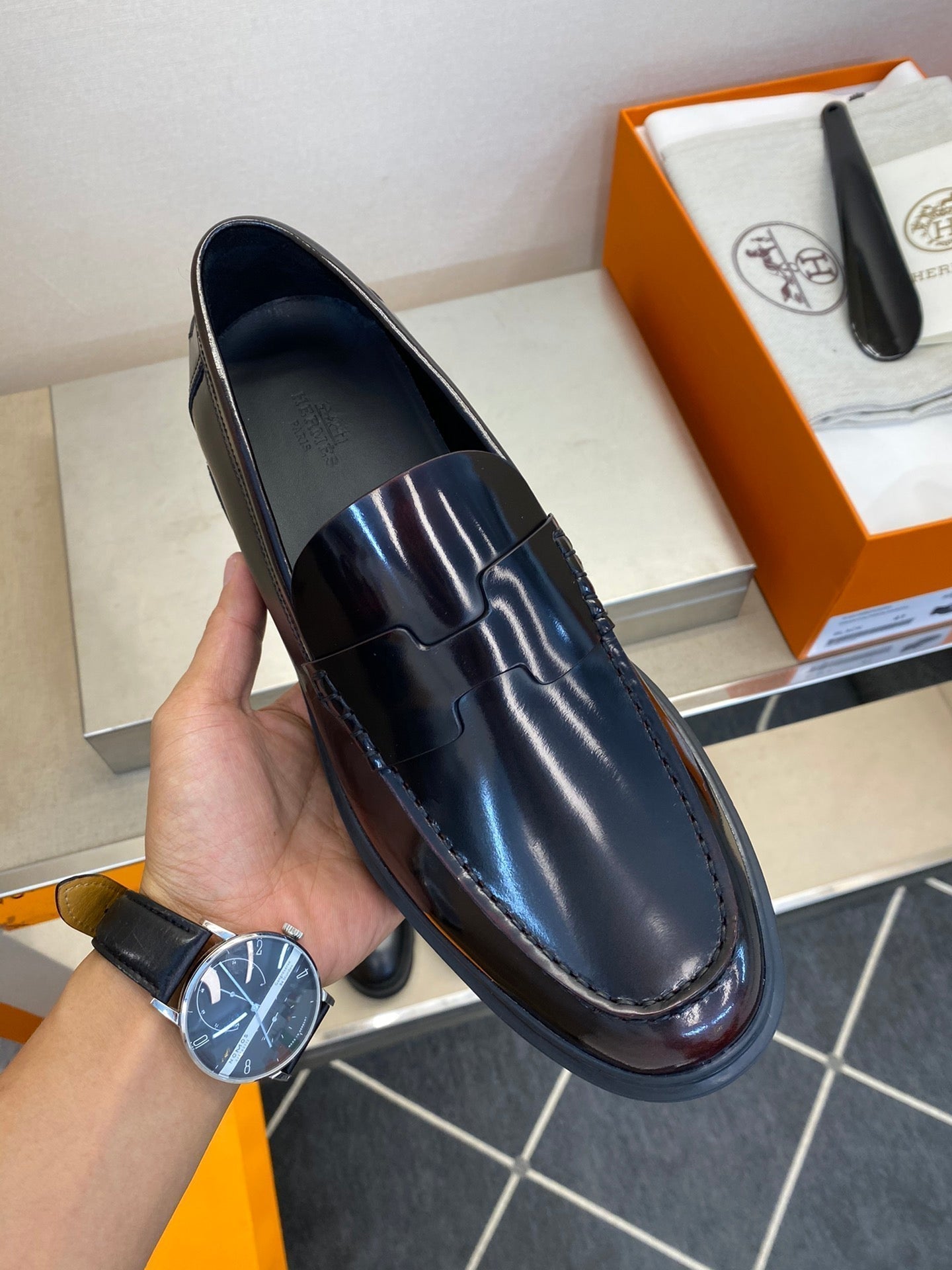 HM Men's Loafer Black Mix Brown Patent Leather 540806