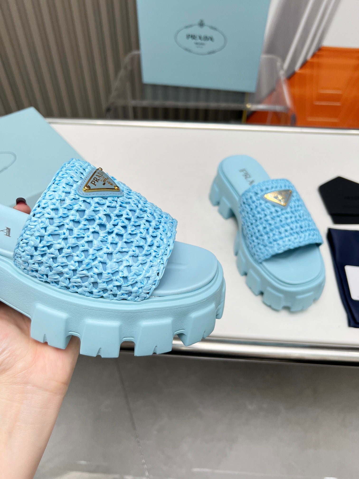 PRA THICK-SOLED CROCHET SANDALS SKY WOVEN FABRIC