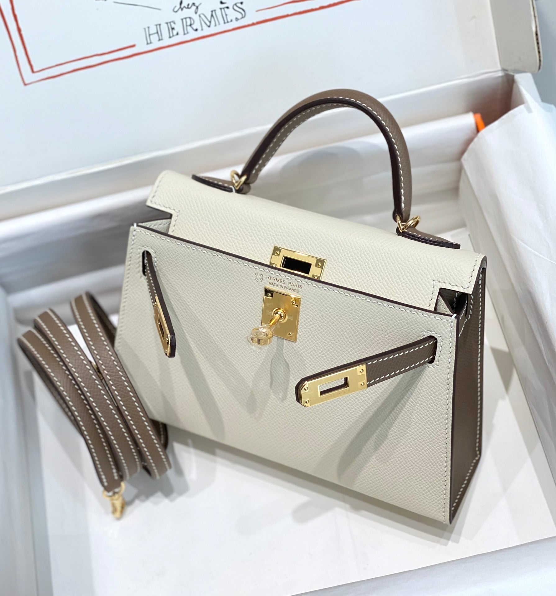 HM Mini Kelly 19cm Cream Etoupe Epsom Gold Hardware
