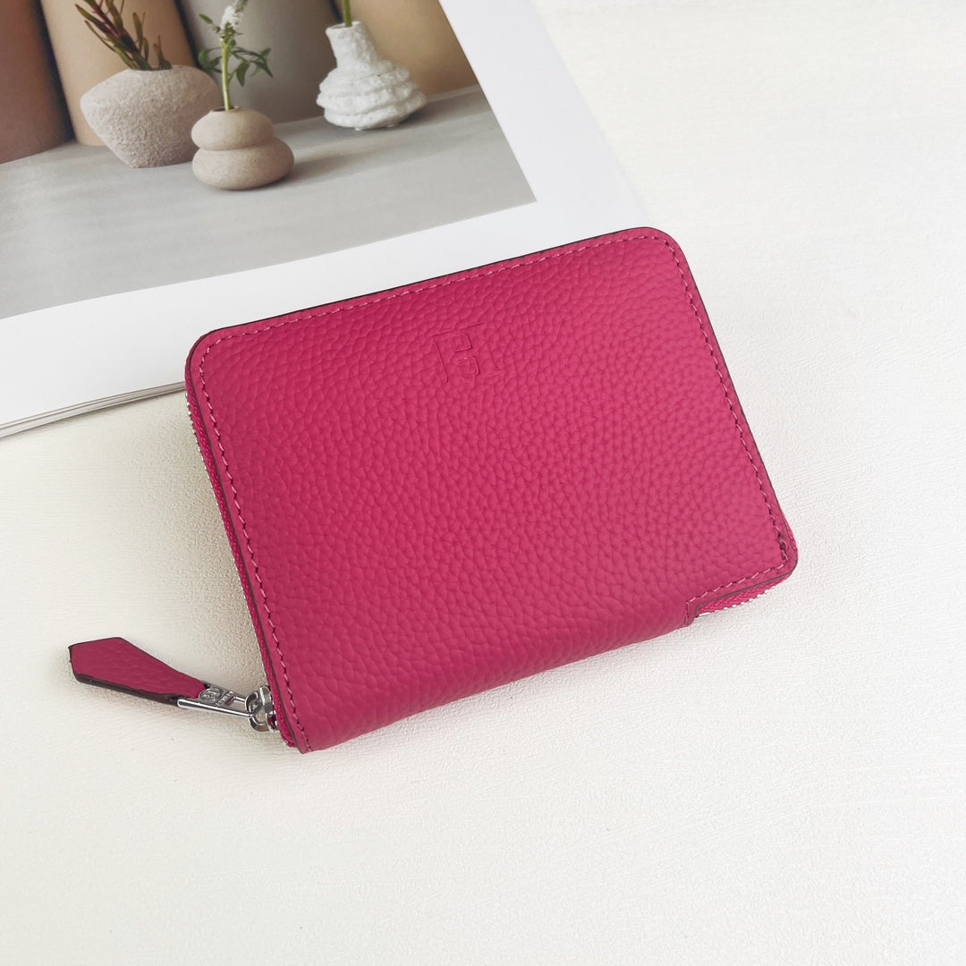 HM SILK'IN SHORT WALLET 11.5 RED PINK GRAINED CALFSKIN