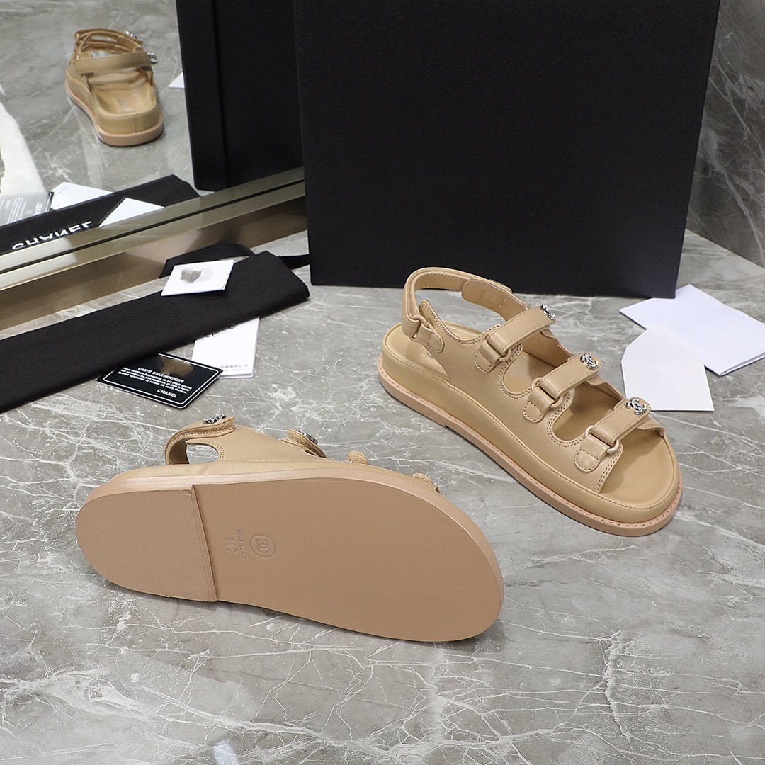 dad sandal beige calfskin silver cc