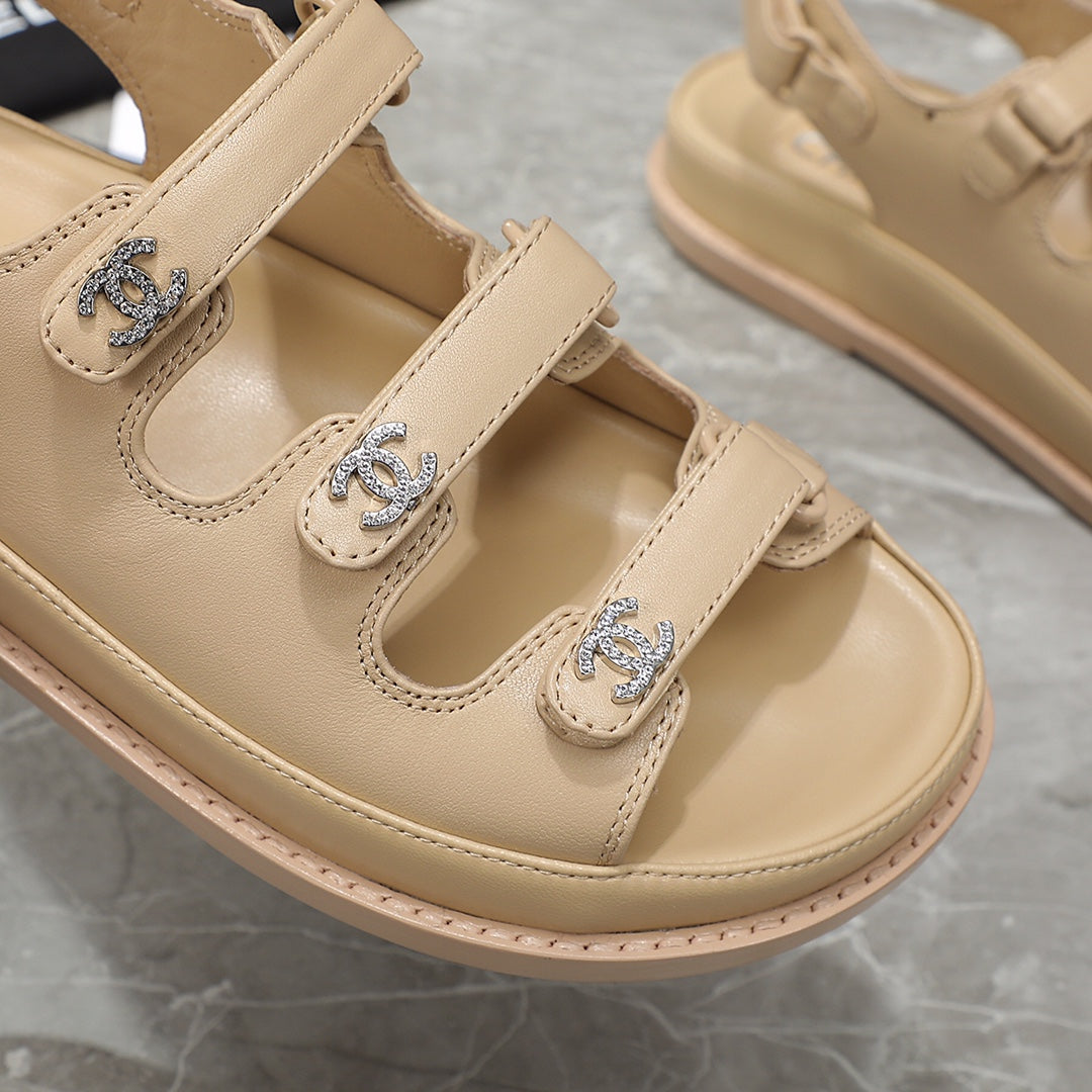 dad sandal beige calfskin silver cc