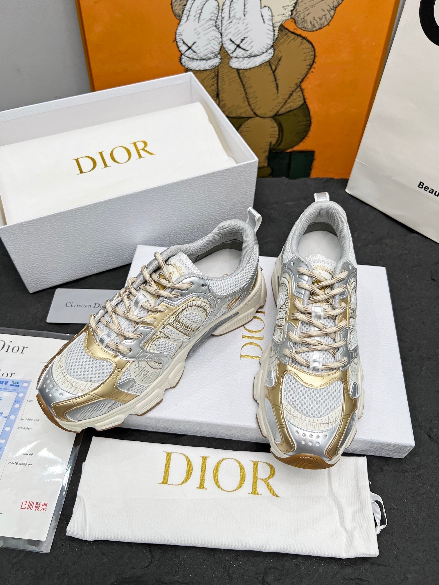 CD Chrono Sneaker Grey Gold Mesh Fabric And Calfskin