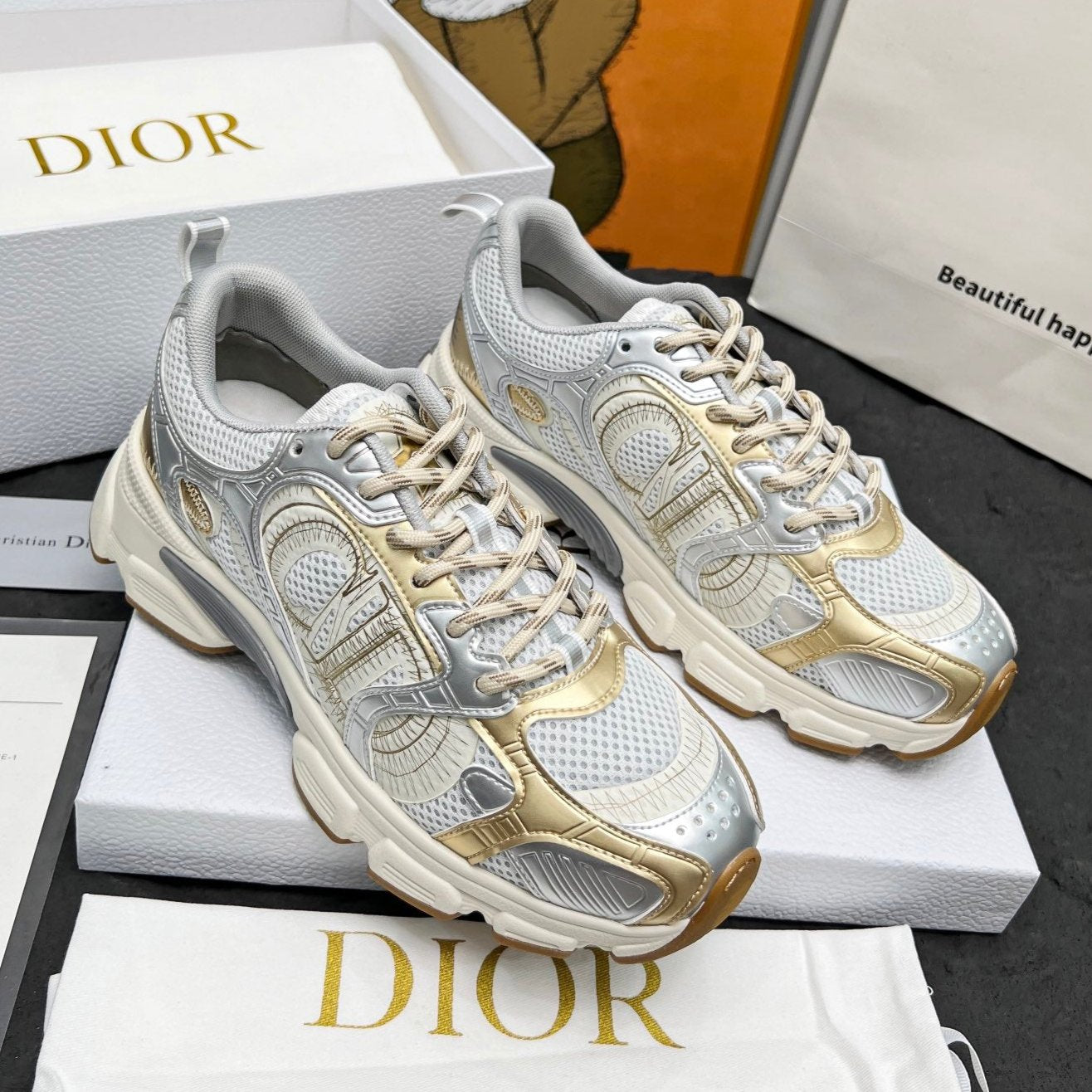 CD Chrono Sneaker Grey Gold Mesh Fabric And Calfskin