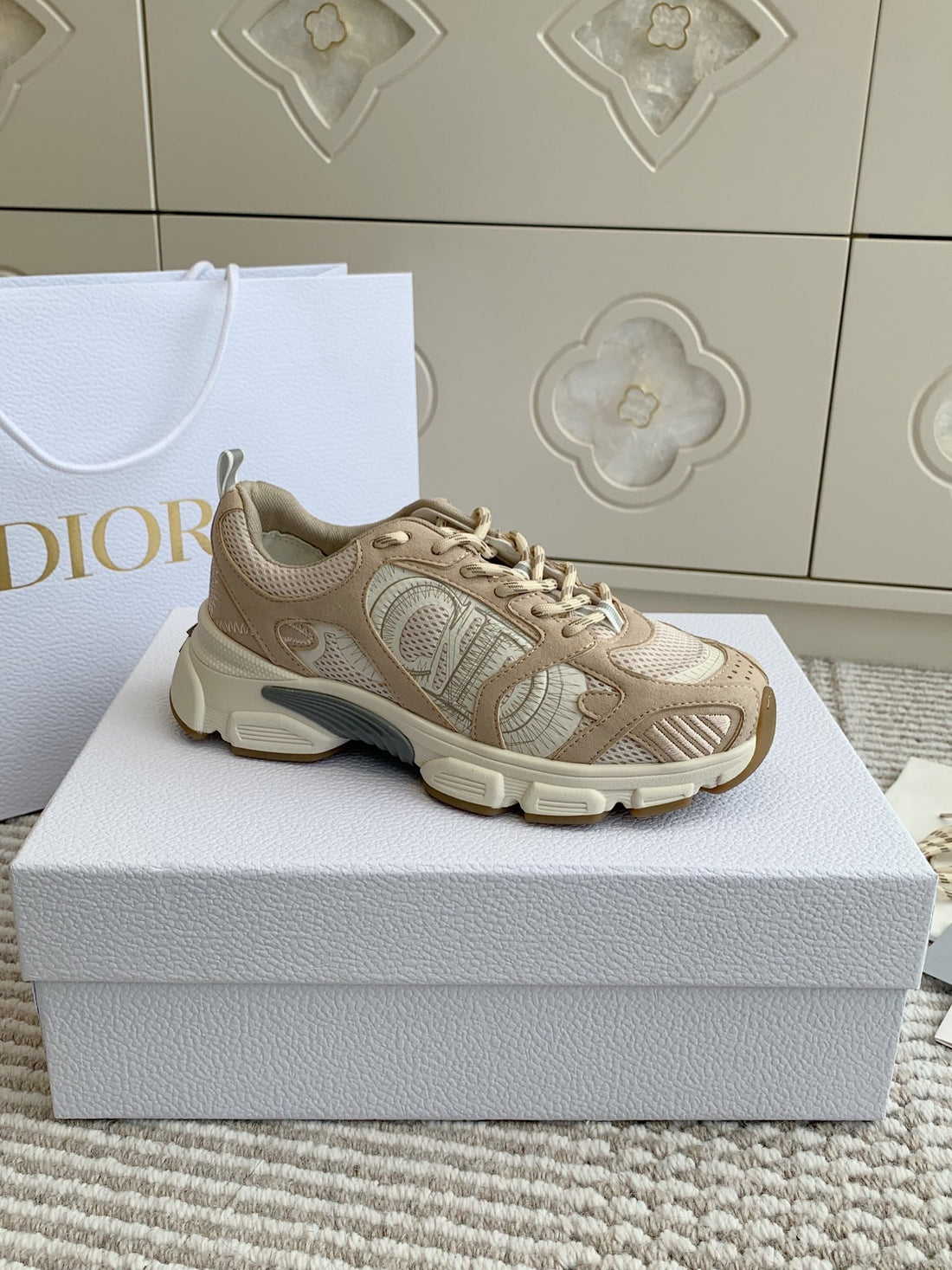 CD Chrono Sneaker In Light Brown And Ivory White Mesh Fabric And Suede 105379