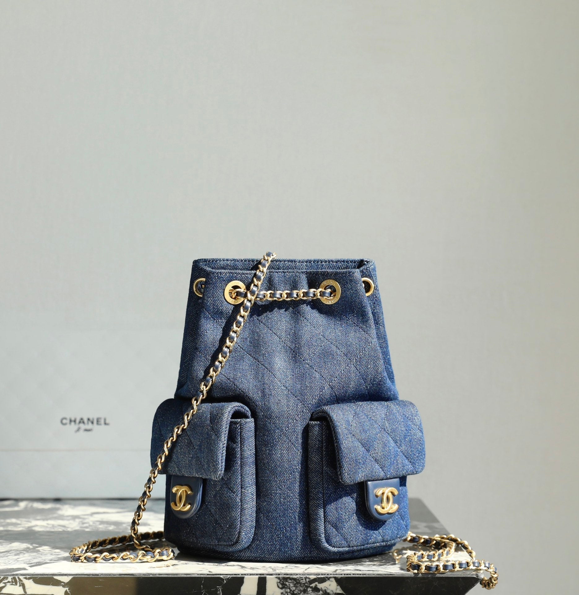 CC Drawstring Backpack Dark Blue Denim