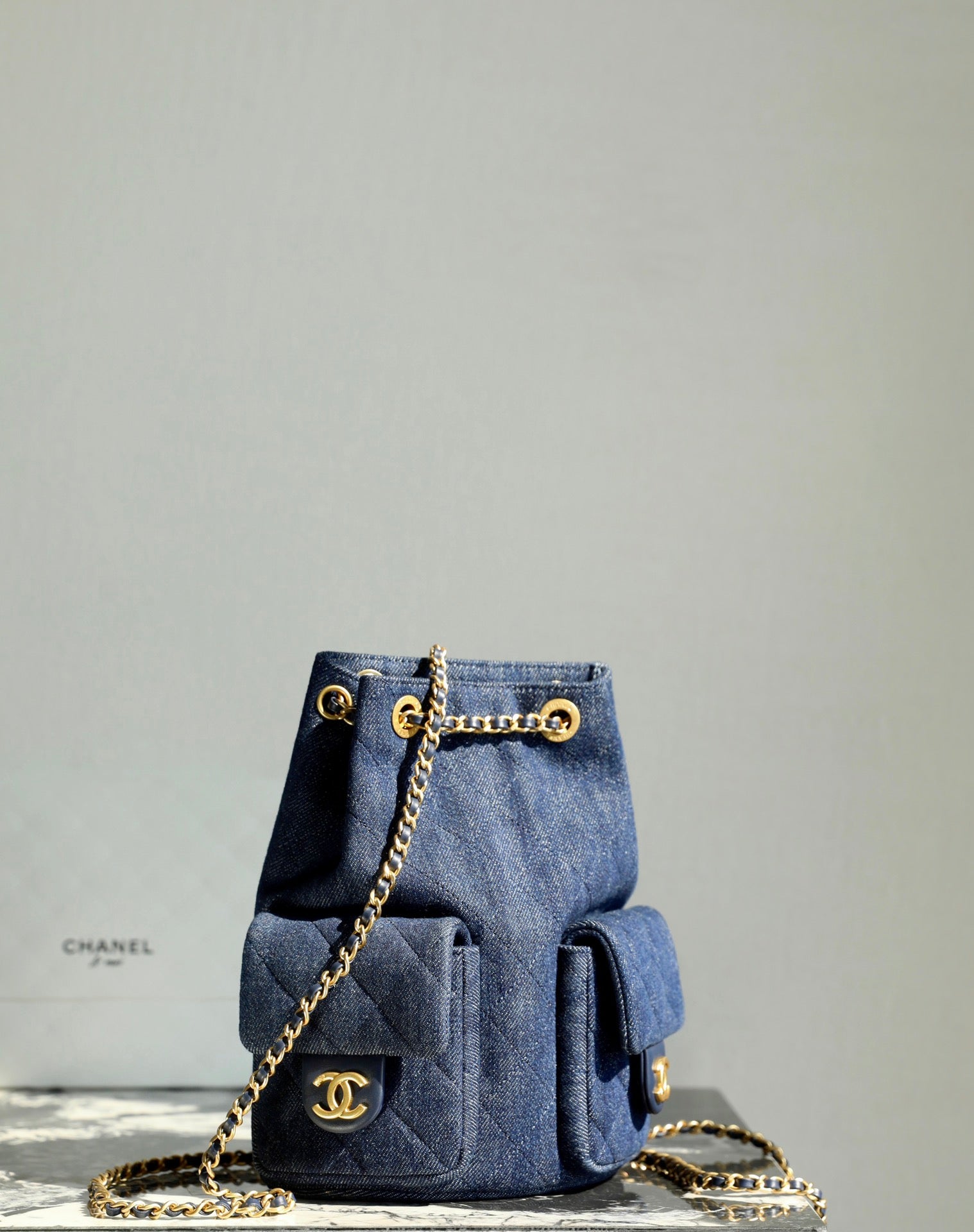 CC Drawstring Backpack Dark Blue Denim