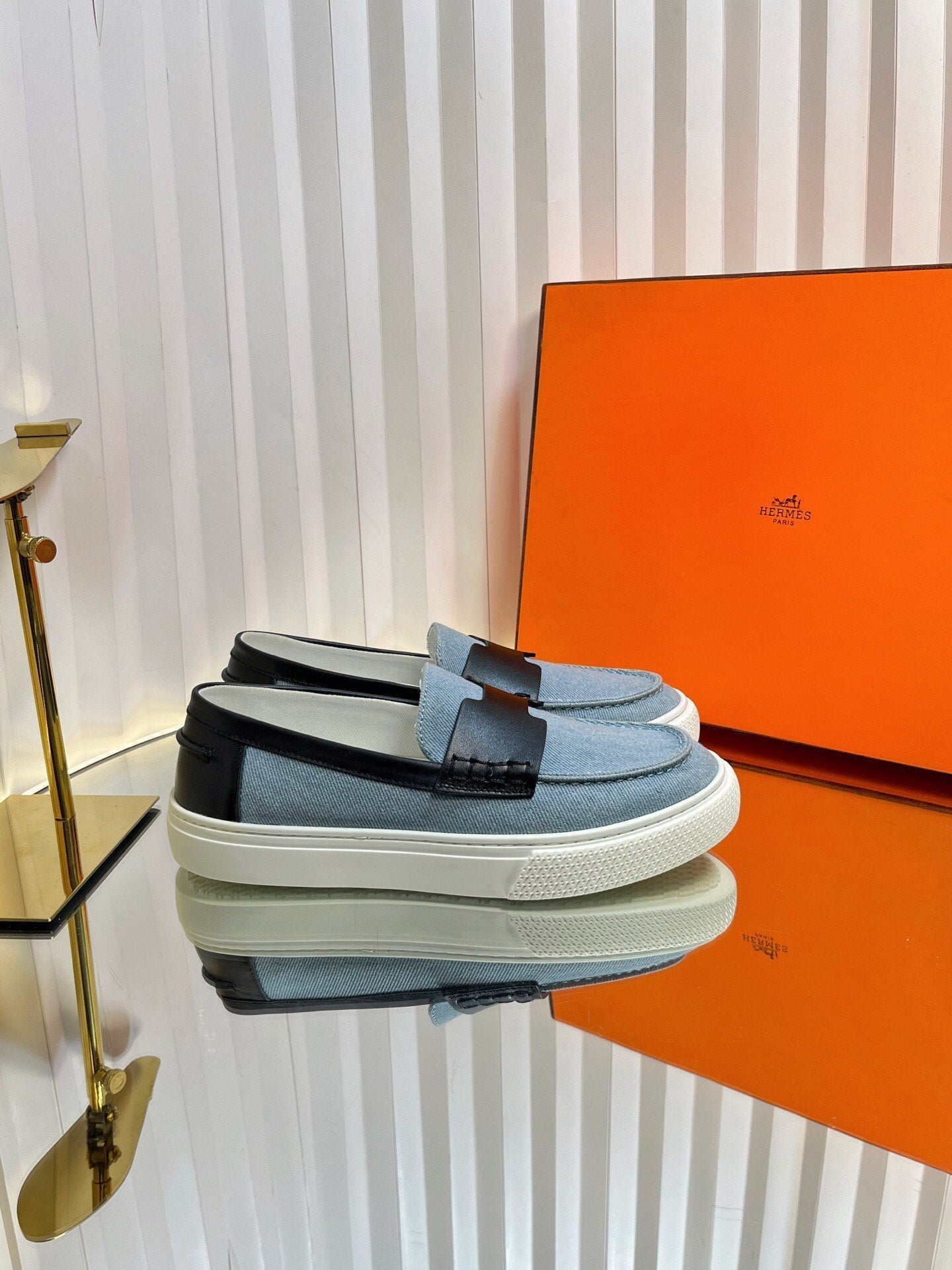 HM Denim Casual Loafer Blue Black Cowhide Cloth 317067