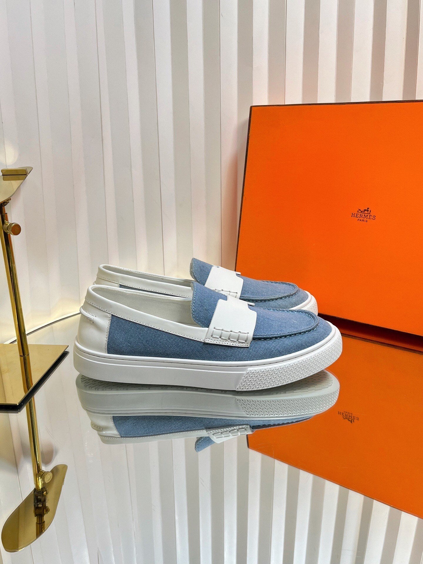 HM Denim Casual Loafer Blue White Cowhide Cloth 317068