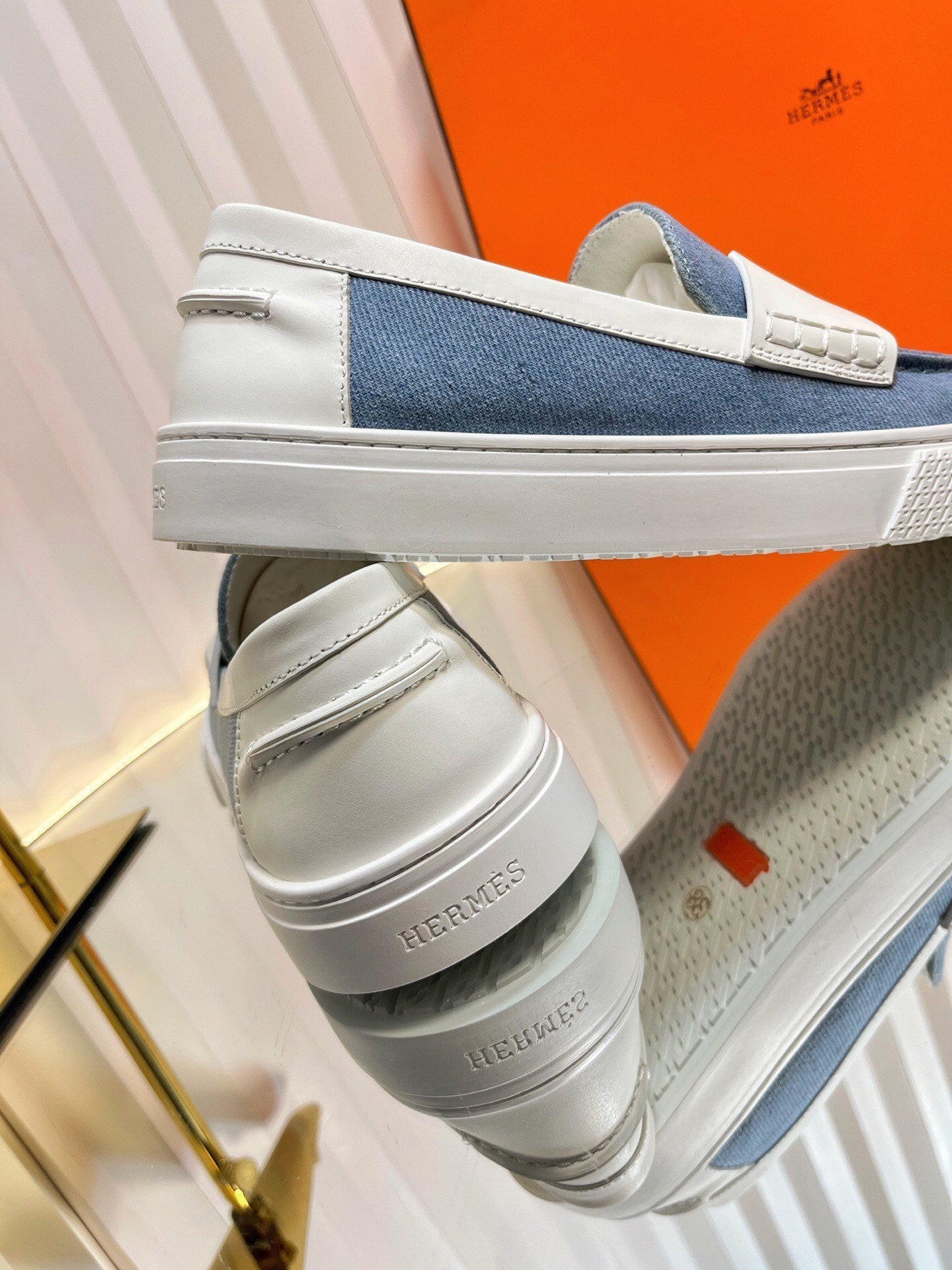 HM Denim Casual Loafer Blue White Cowhide Cloth 317068