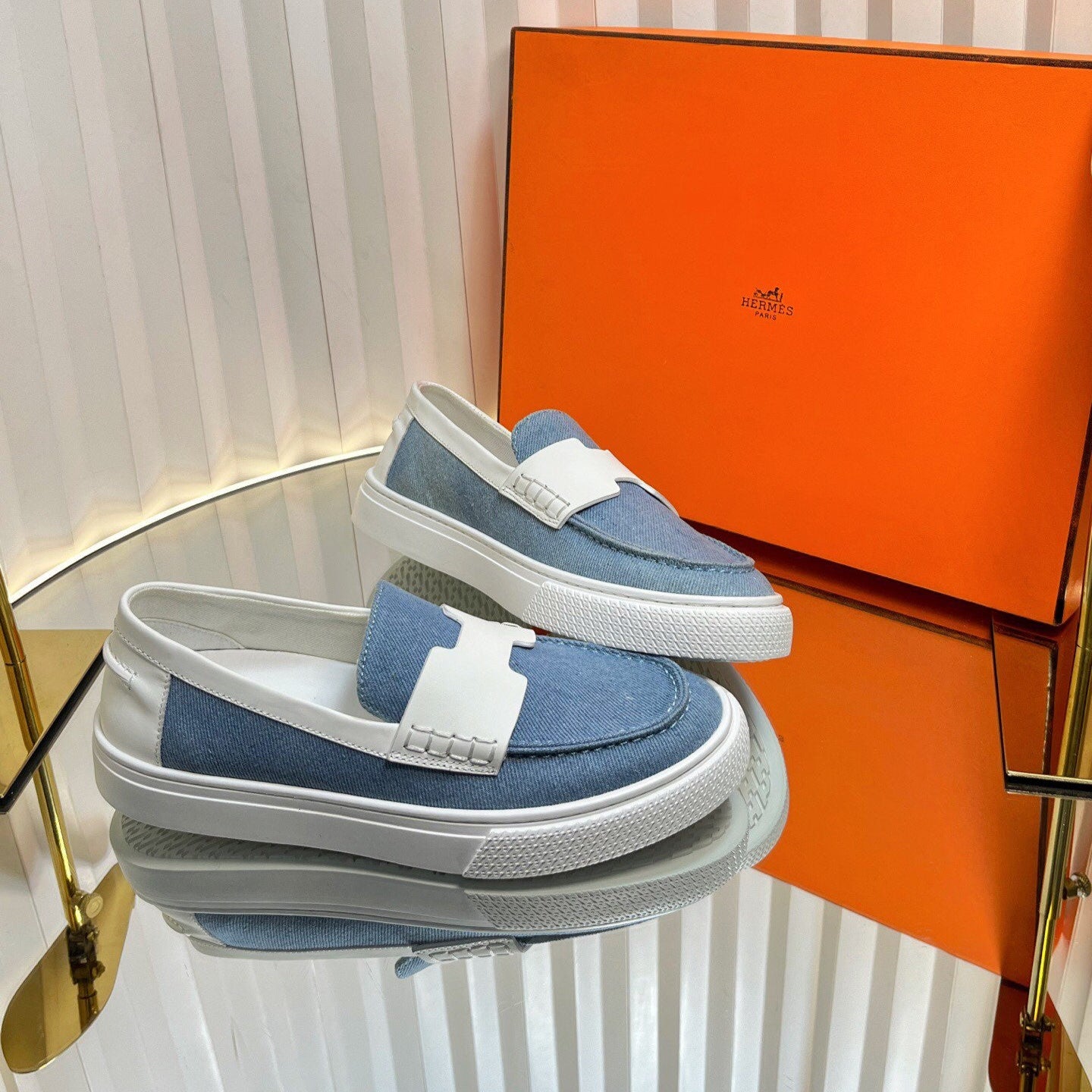 HM Denim Casual Loafer Blue White Cowhide Cloth 317068