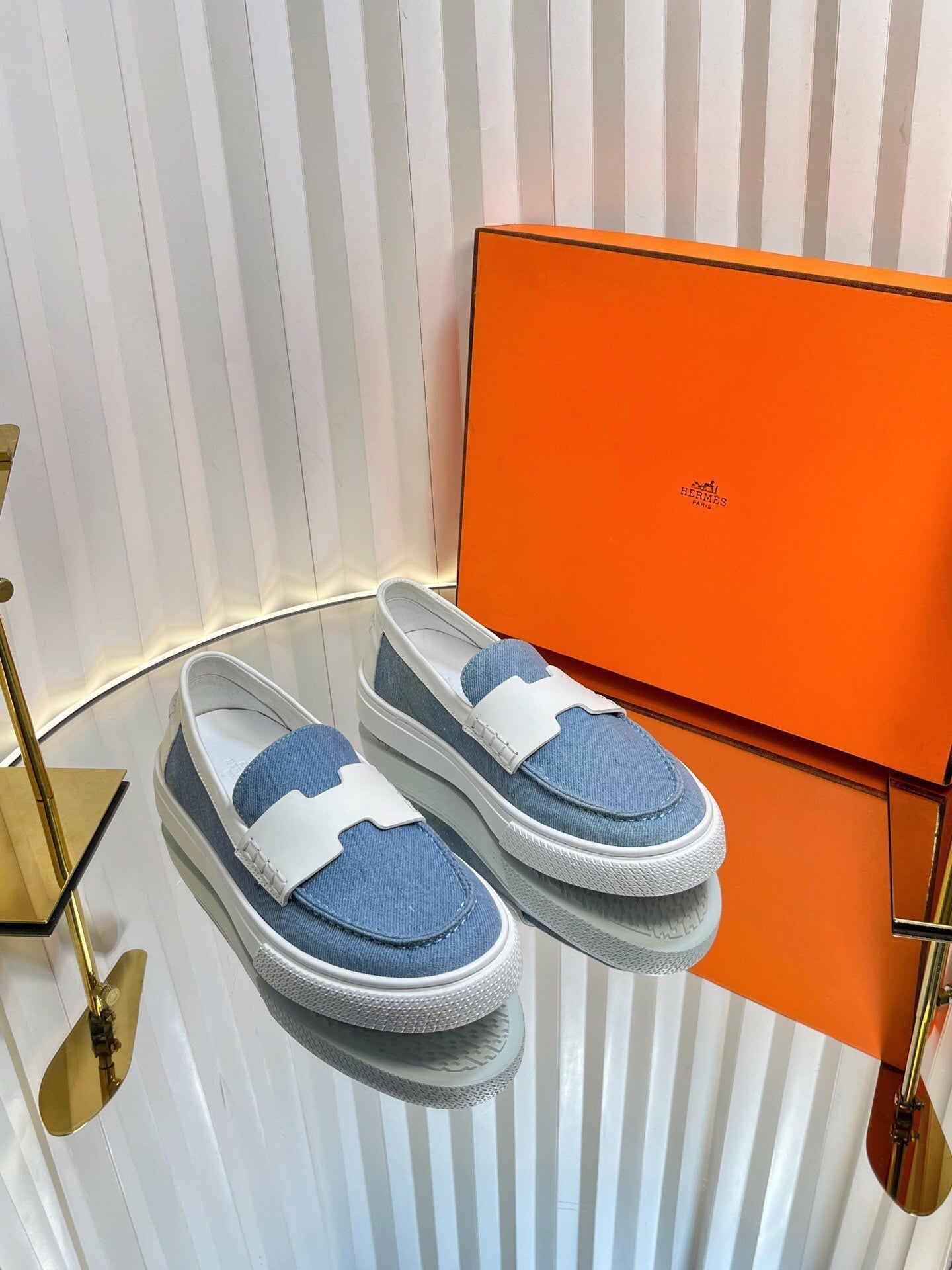 HM Denim Casual Loafer Blue White Cowhide Cloth 317068