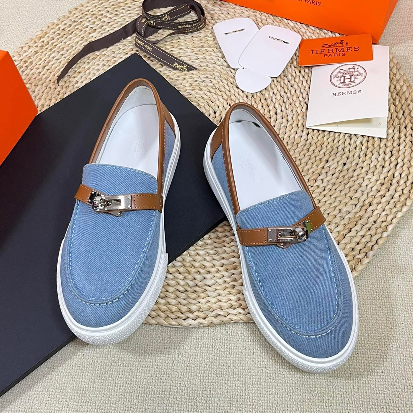 HM Denim Loafer Blue Brown Cowhide Cloth 317047