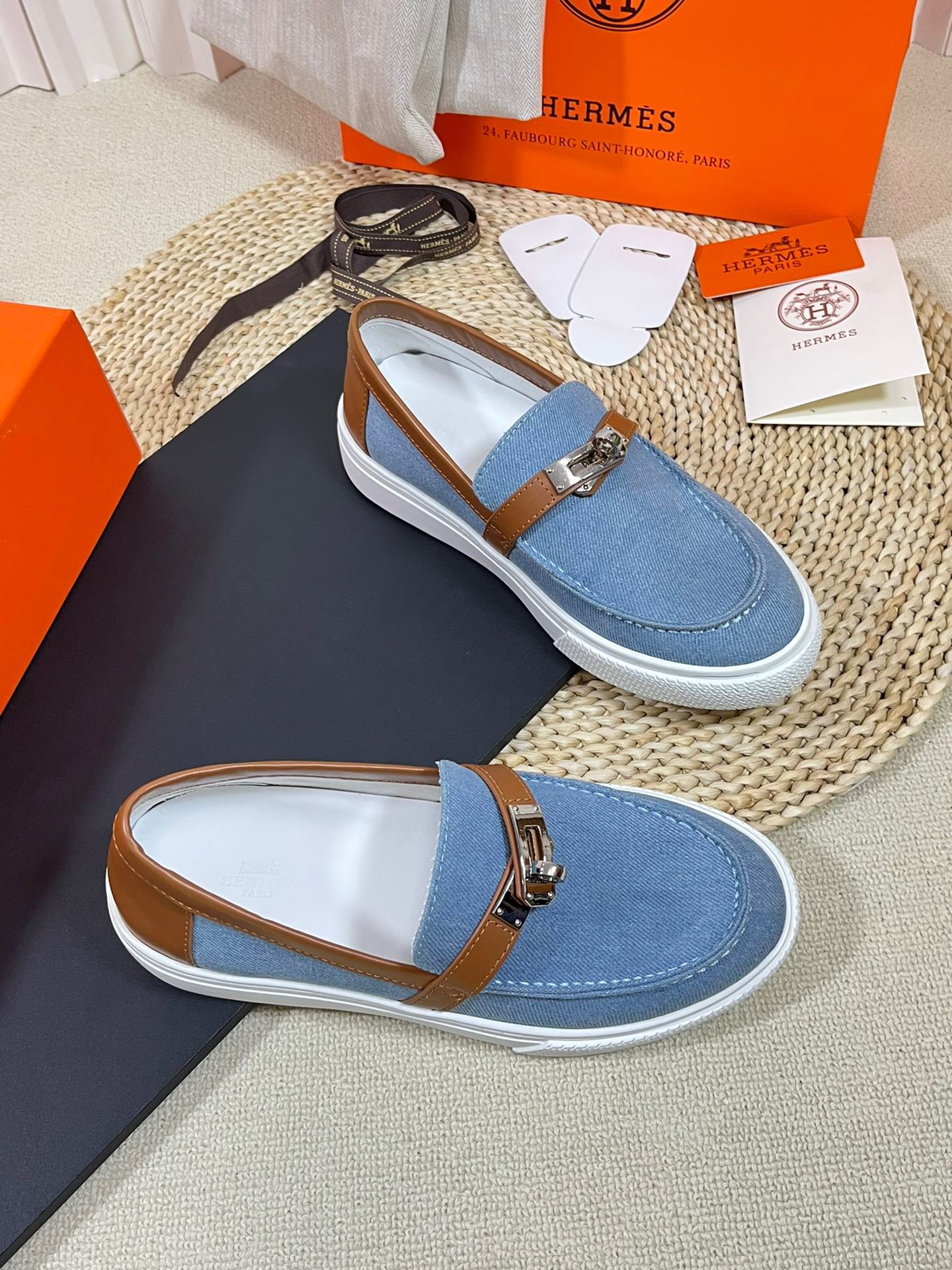 HM Denim Loafer Blue Brown Cowhide Cloth 317047