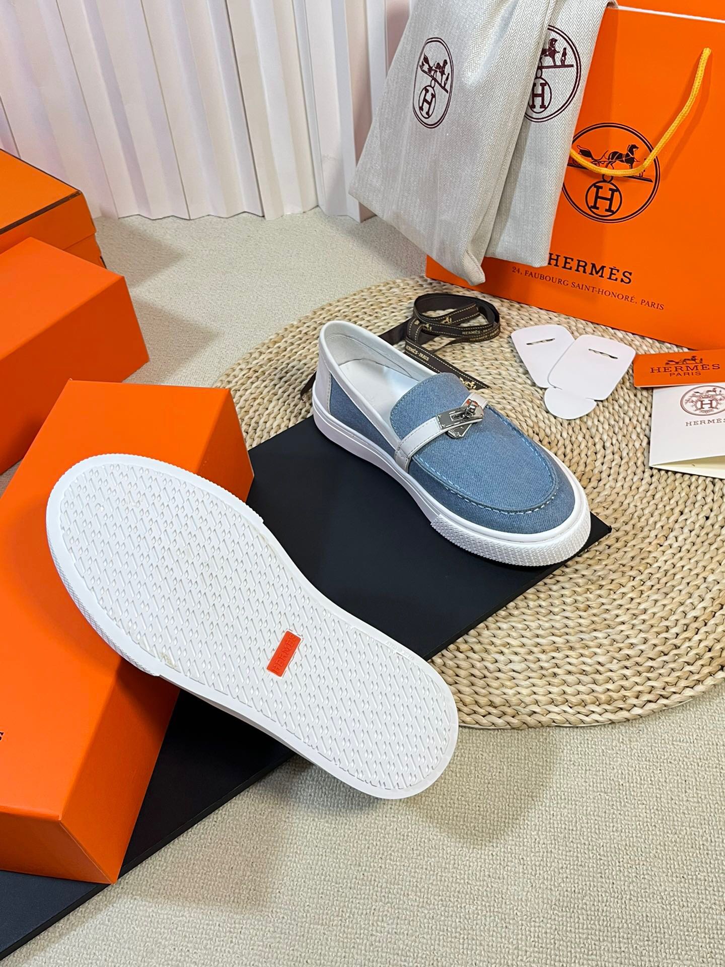 HM Denim Loafer Blue White Cowhide Cloth 317048