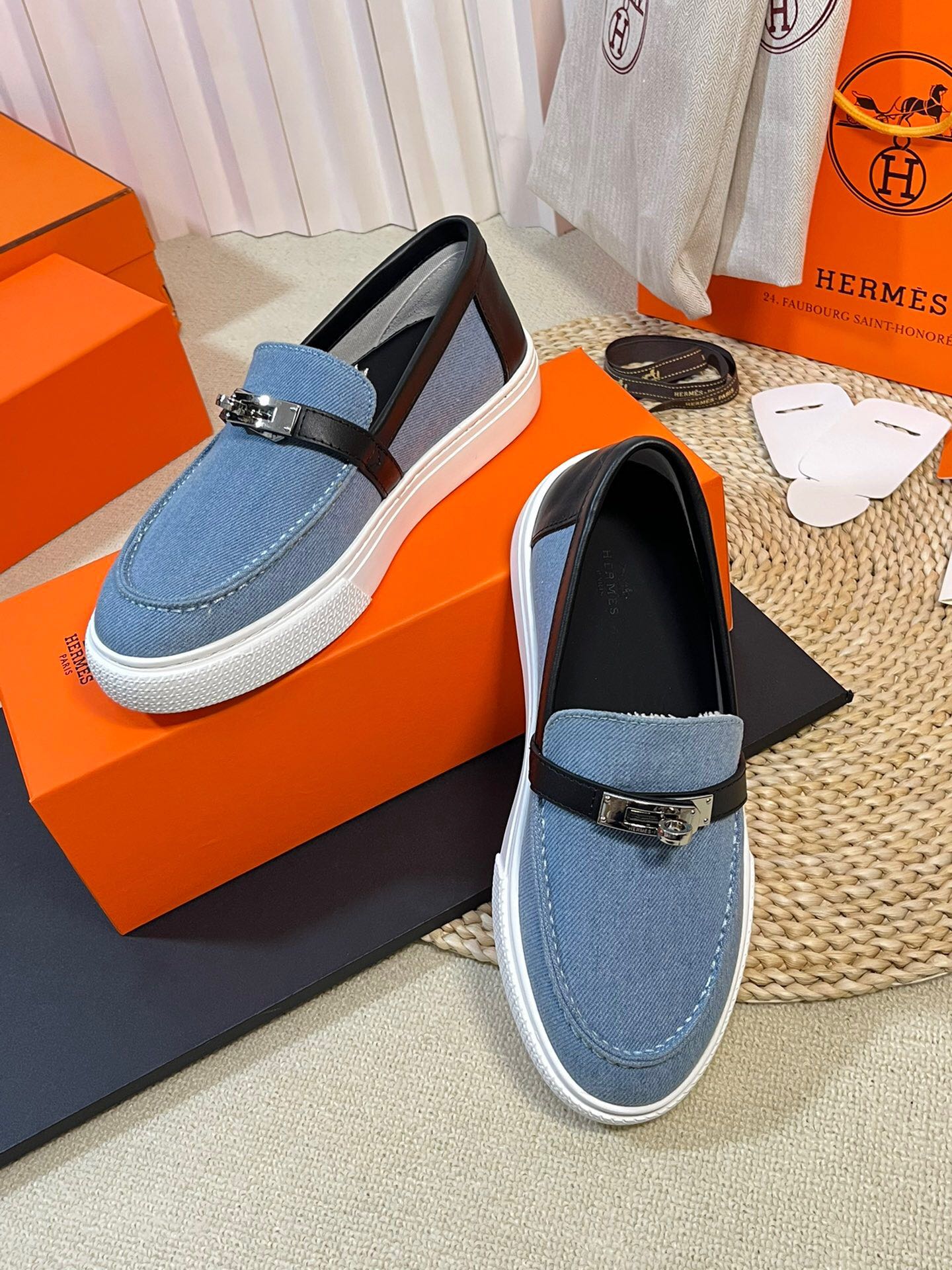HM Denim Loafer Blue Black Cowhide Cloth 317049