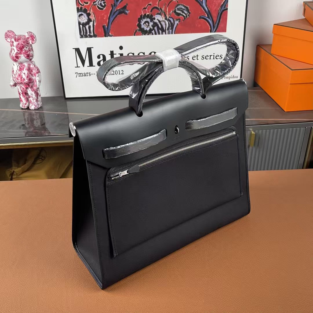 Herbag 39 Toile Black Canvas Black Cowhide Leather