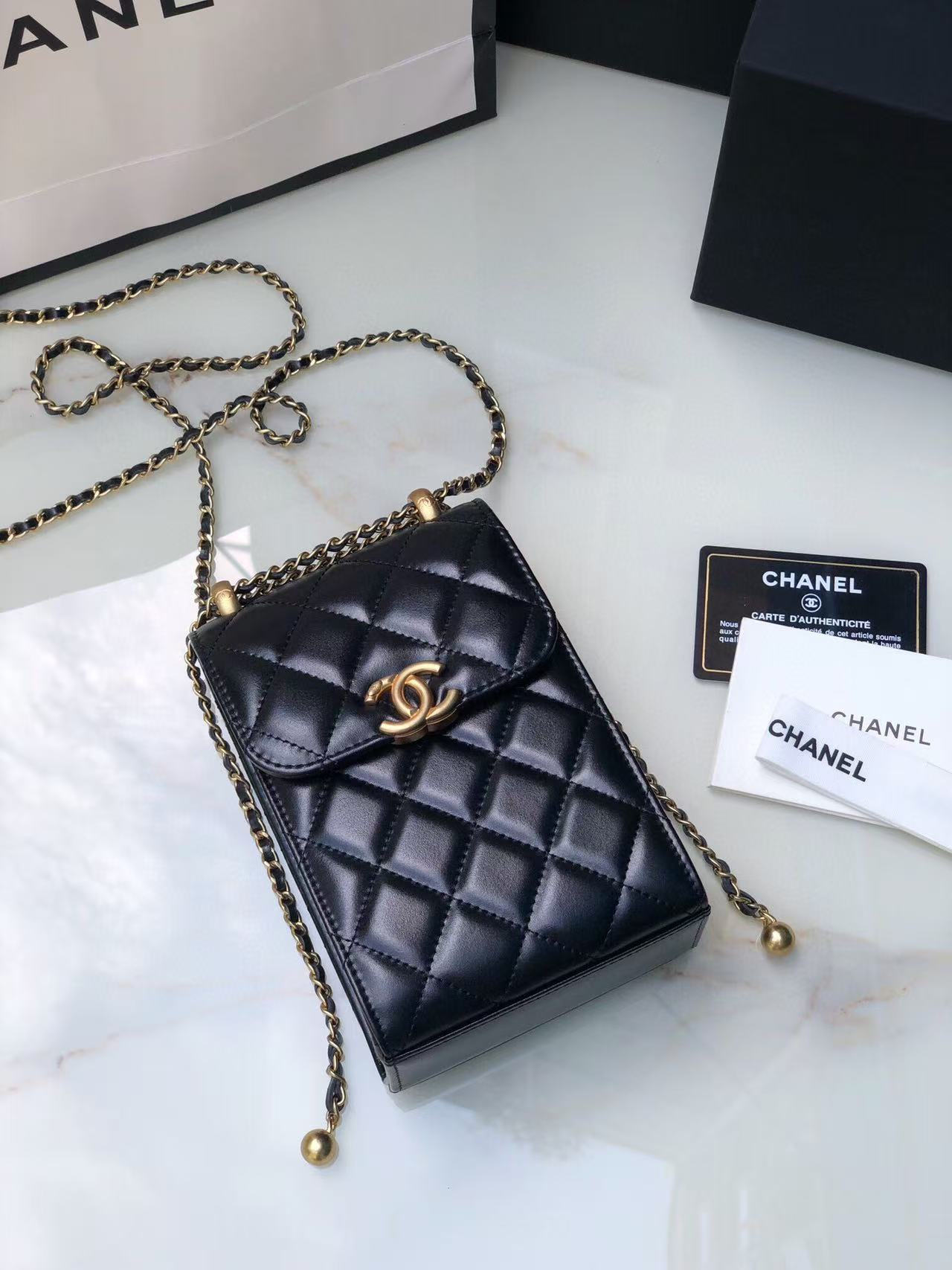 Chanel Phone Chain Bag Black Gold Calfskin