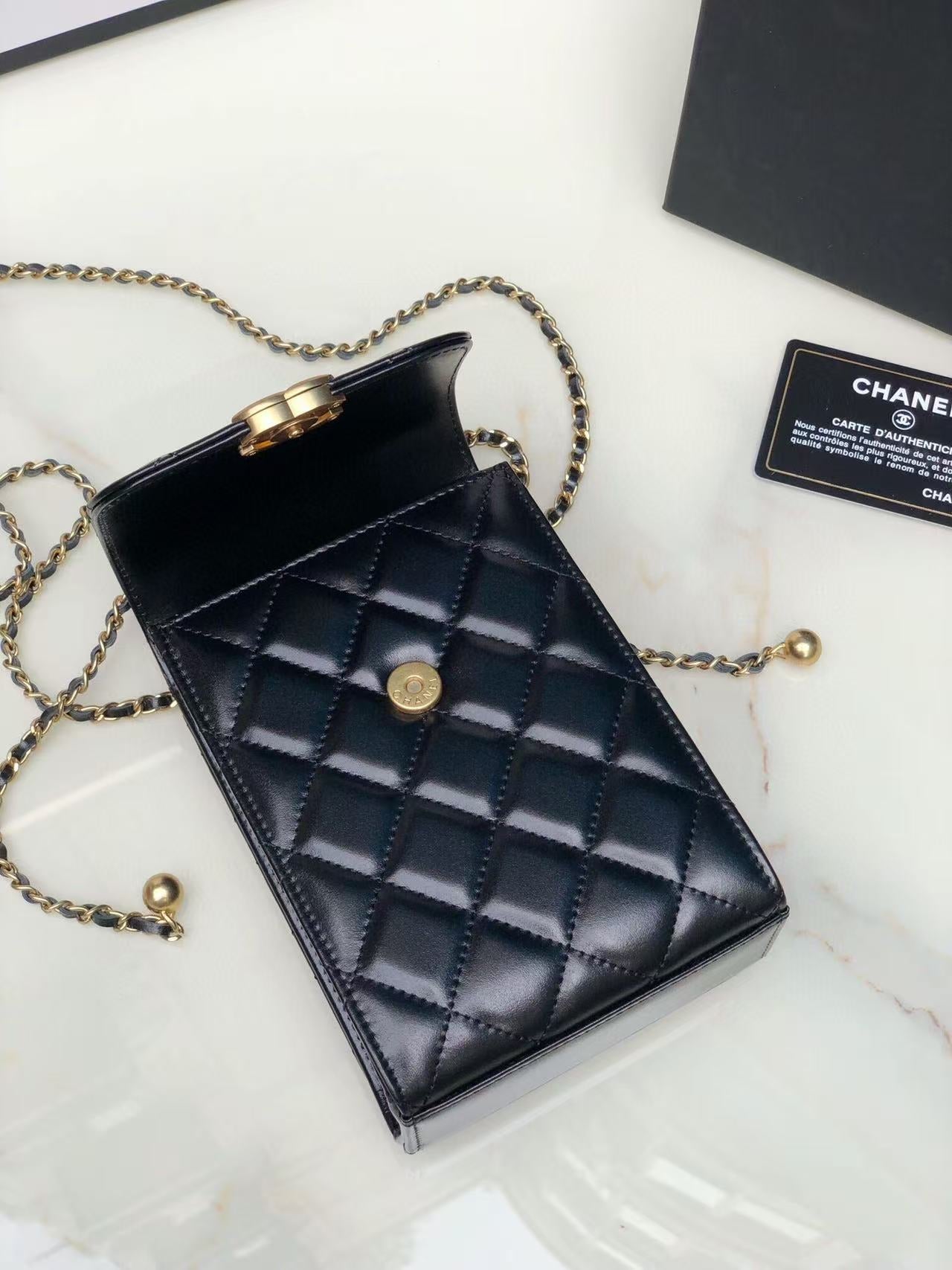 Chanel Phone Chain Bag Black Gold Calfskin
