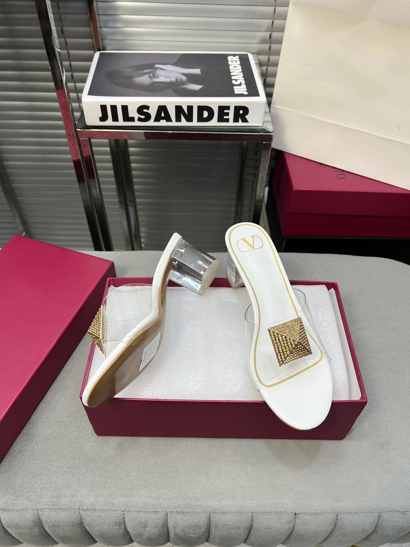 Heeled Sandals 6cm with Crystal Square Buckle White