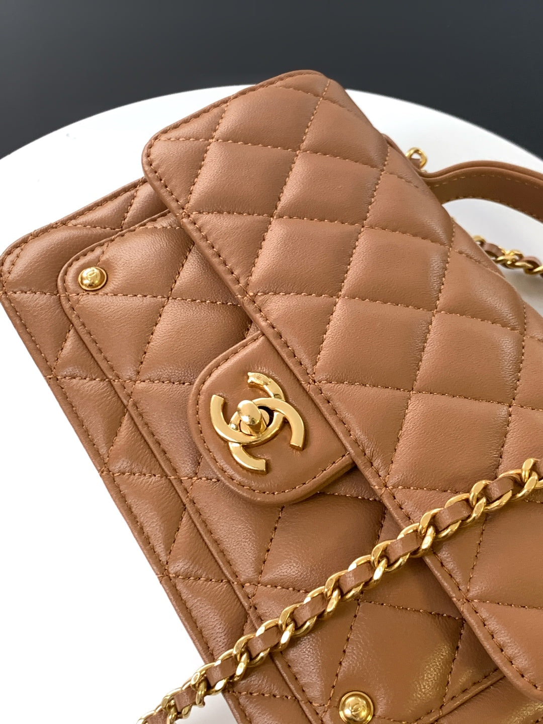 CC Handle Bag Double C Camel Lambskin Gold Hardware