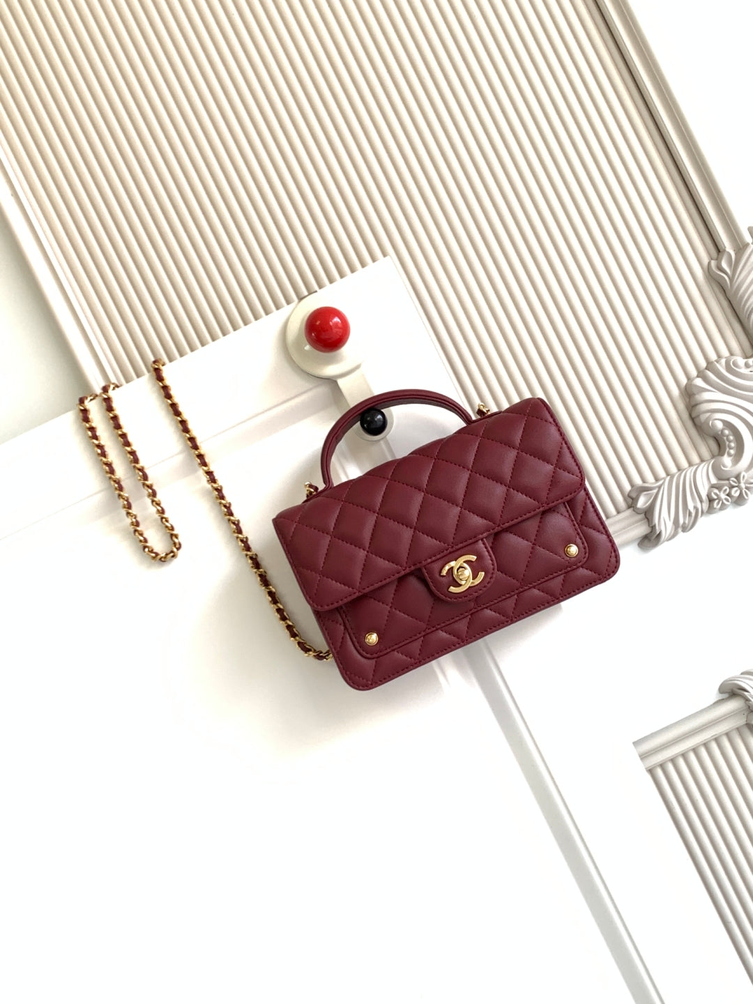 CC Handle Bag 19 Double C Burgundy Lambskin Gold Hardware