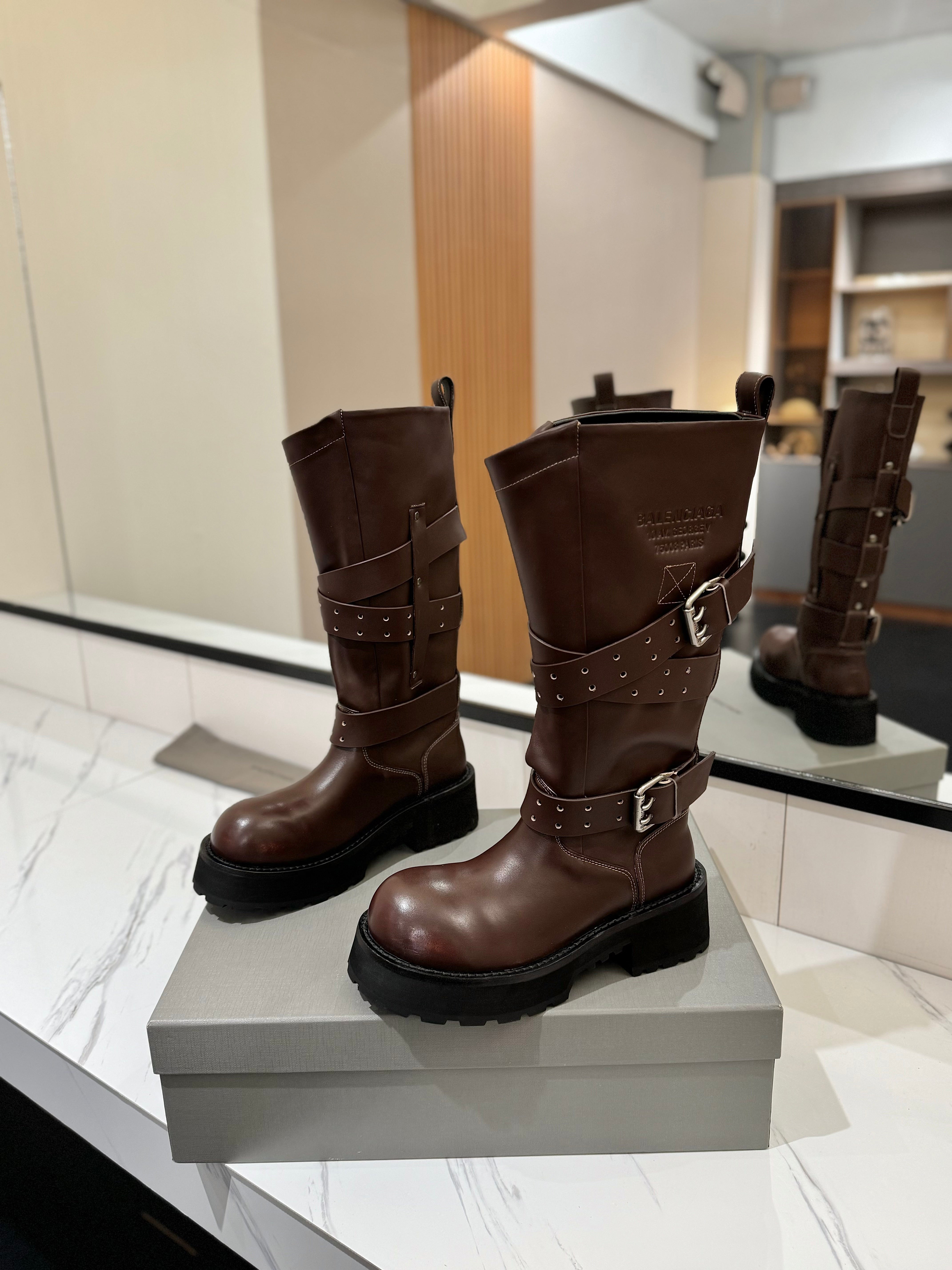 Balenciaga 25s buckled high boots brown calfskin  467612