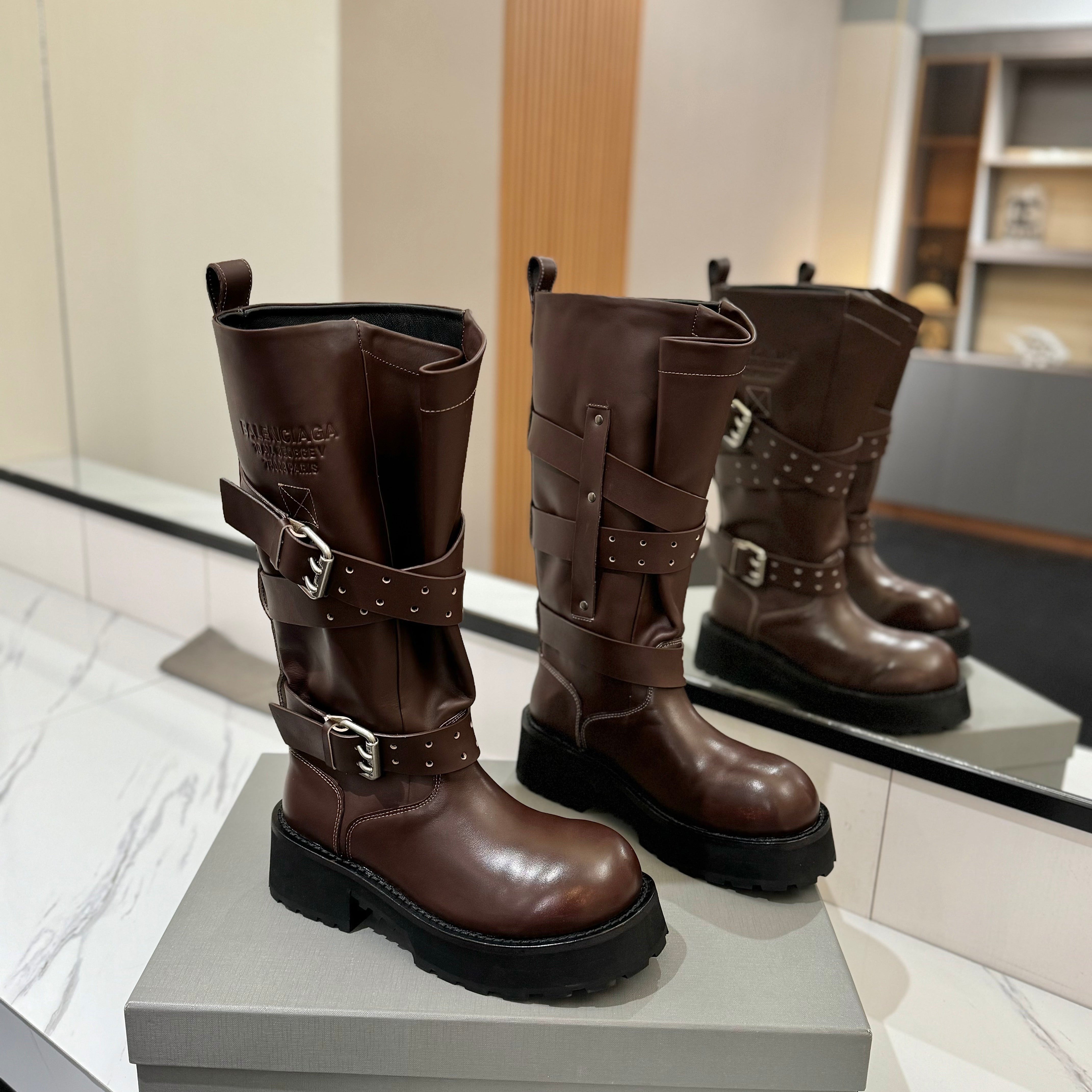 Balenciaga 25s buckled high boots brown calfskin  467612