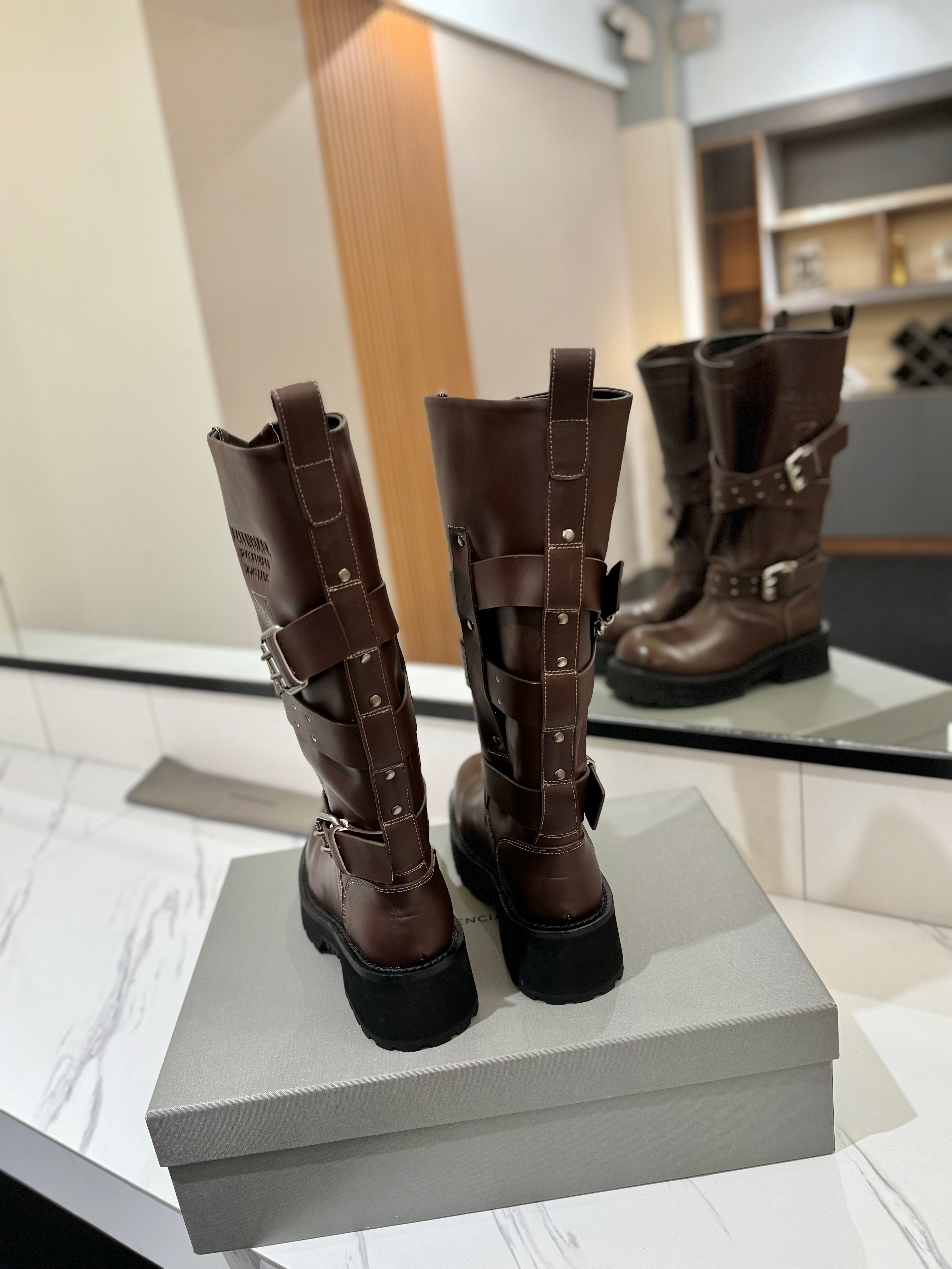 Balenciaga 25s buckled high boots brown calfskin  467612