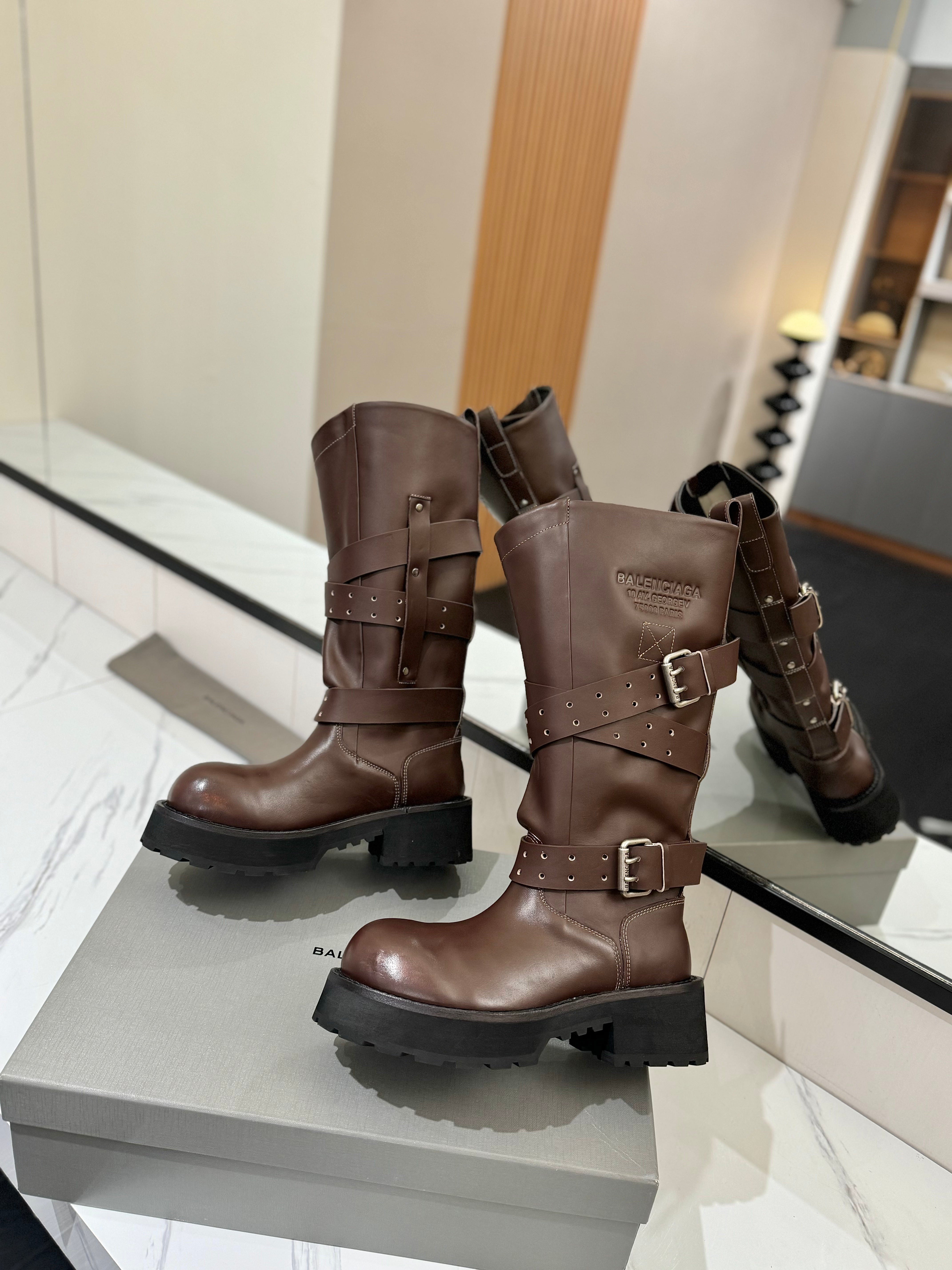 Balenciaga 25s buckled high boots brown calfskin  467612