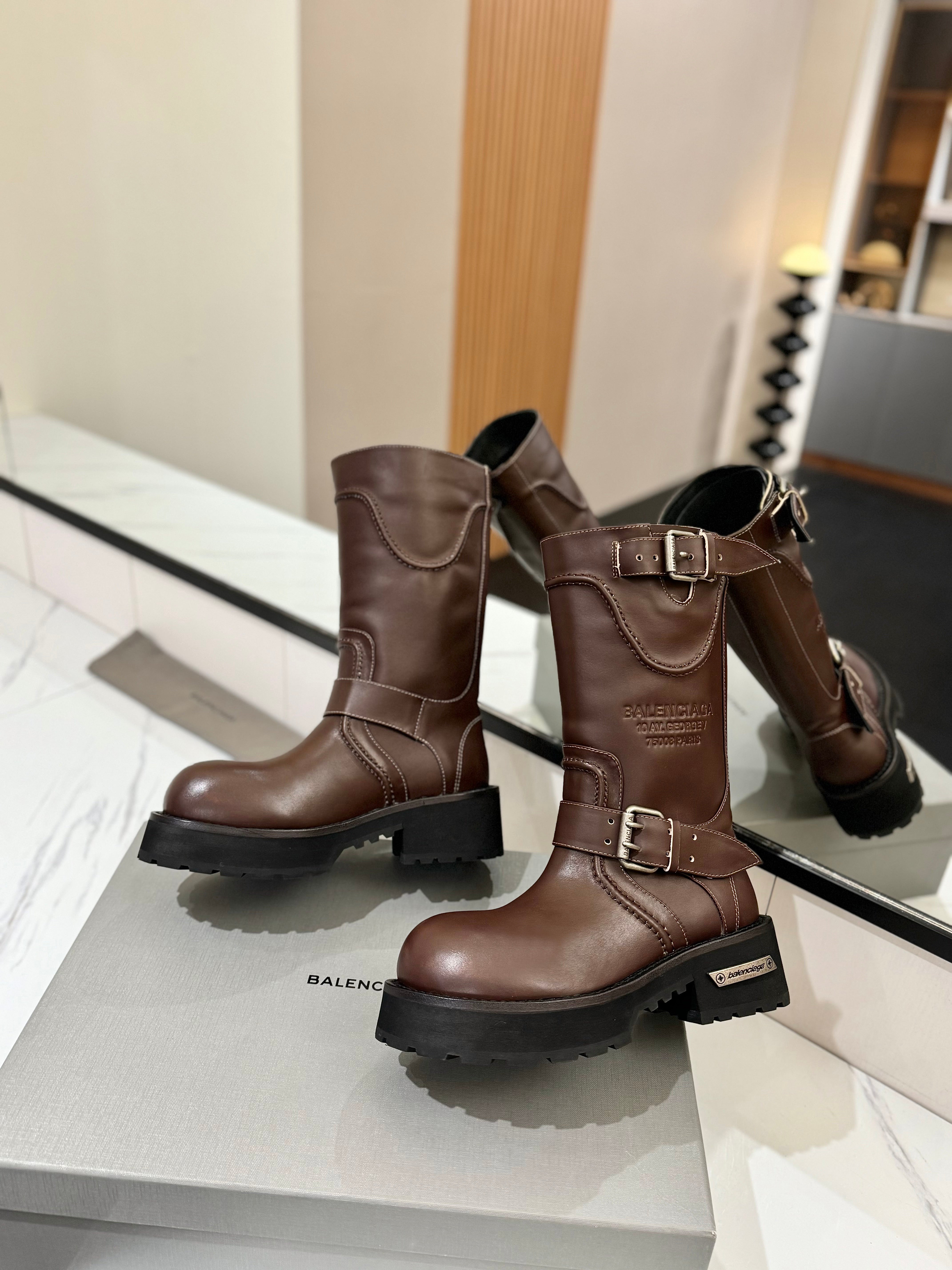 Balenciaga 25s buckled high boots brown calfskin  467612