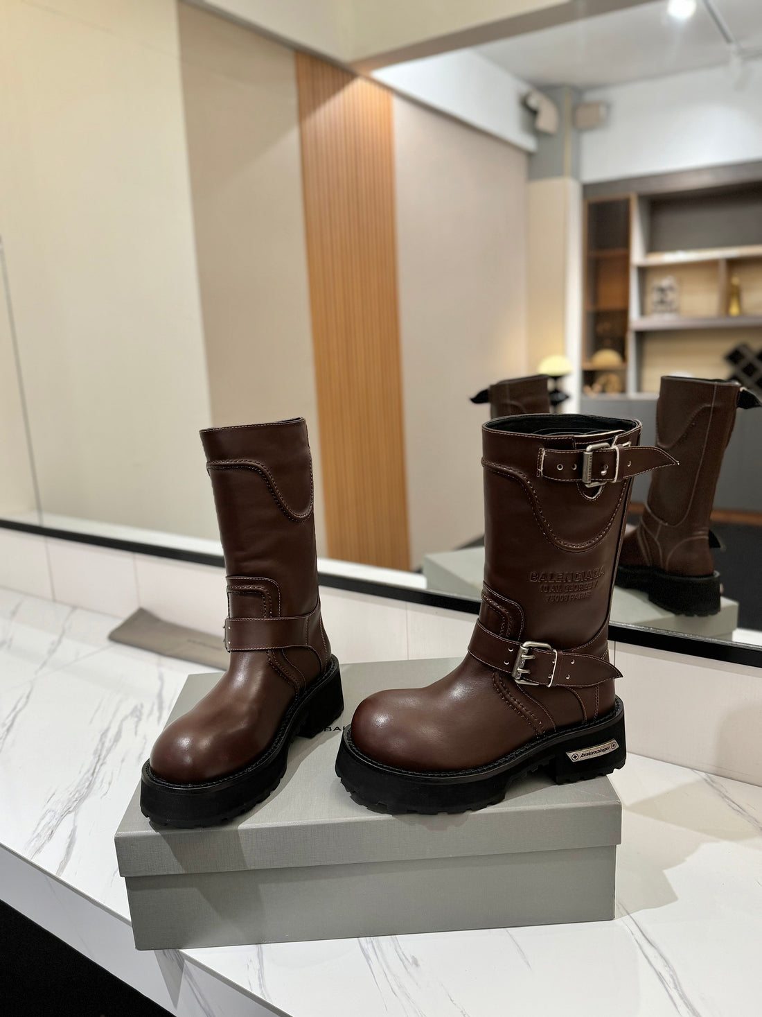 Balenciaga 25s buckled mid-calf boots brown calfskin  467614