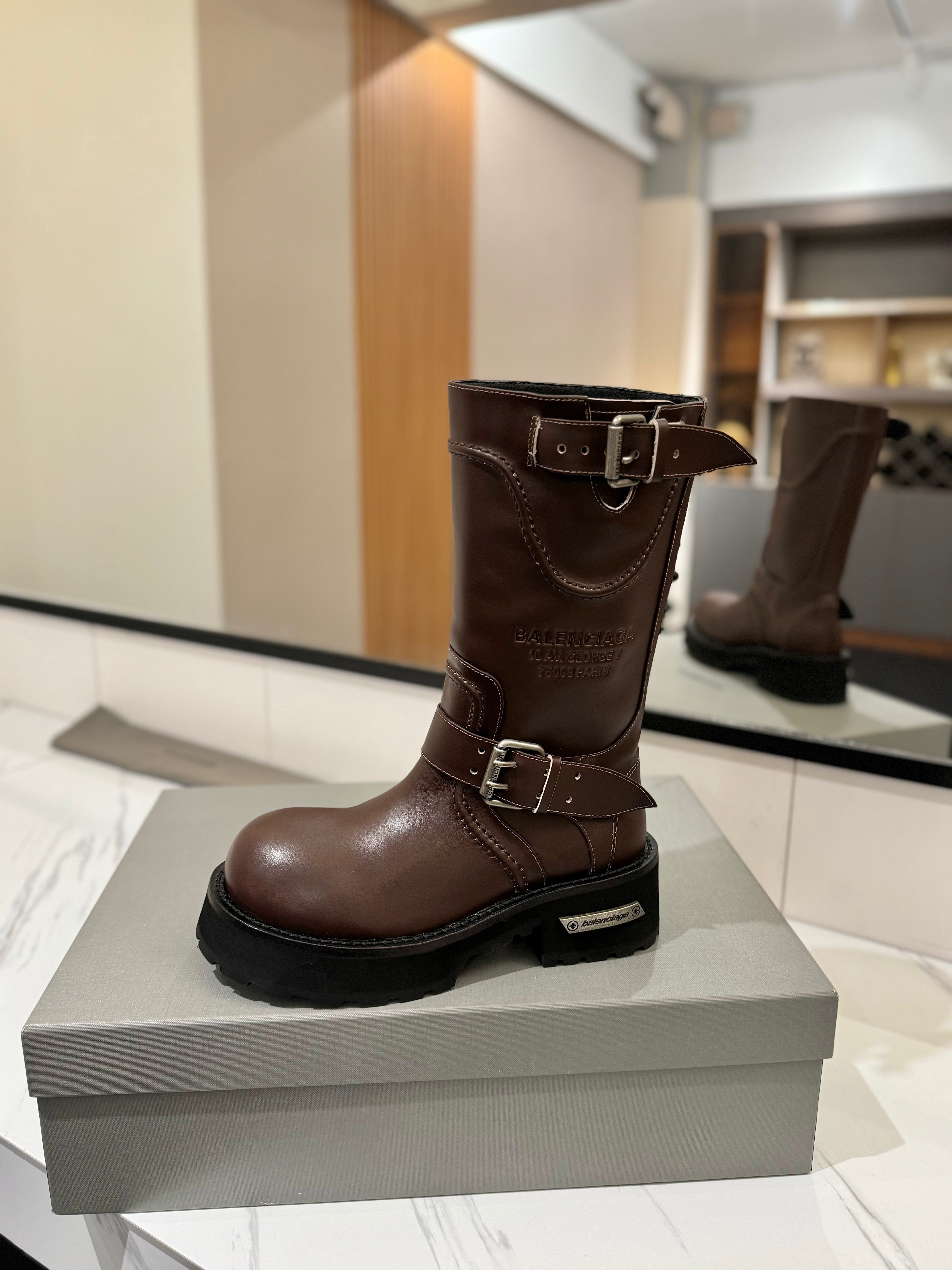 Balenciaga 25s buckled mid-calf boots brown calfskin  467614