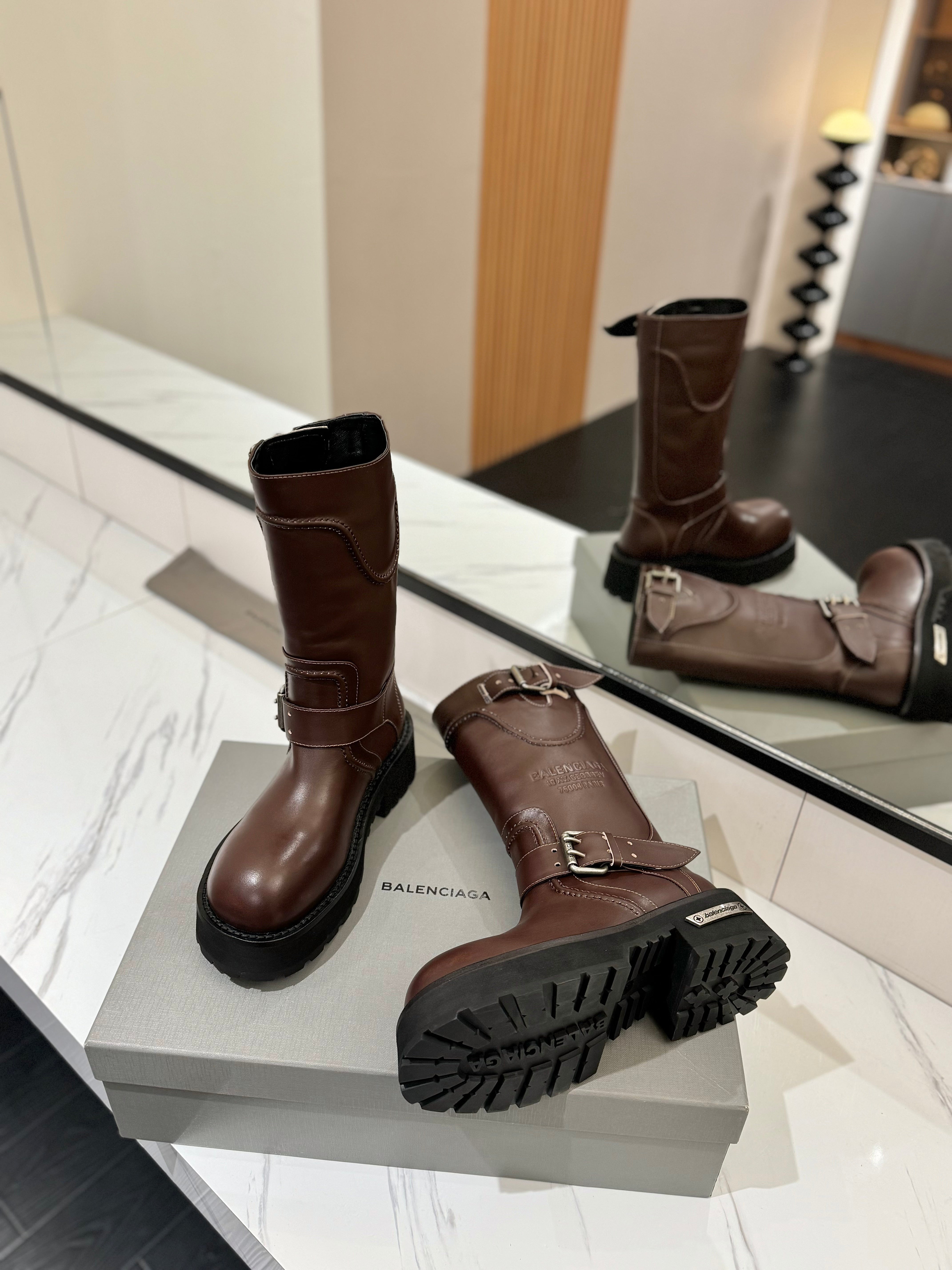 Balenciaga 25s buckled mid-calf boots brown calfskin  467614