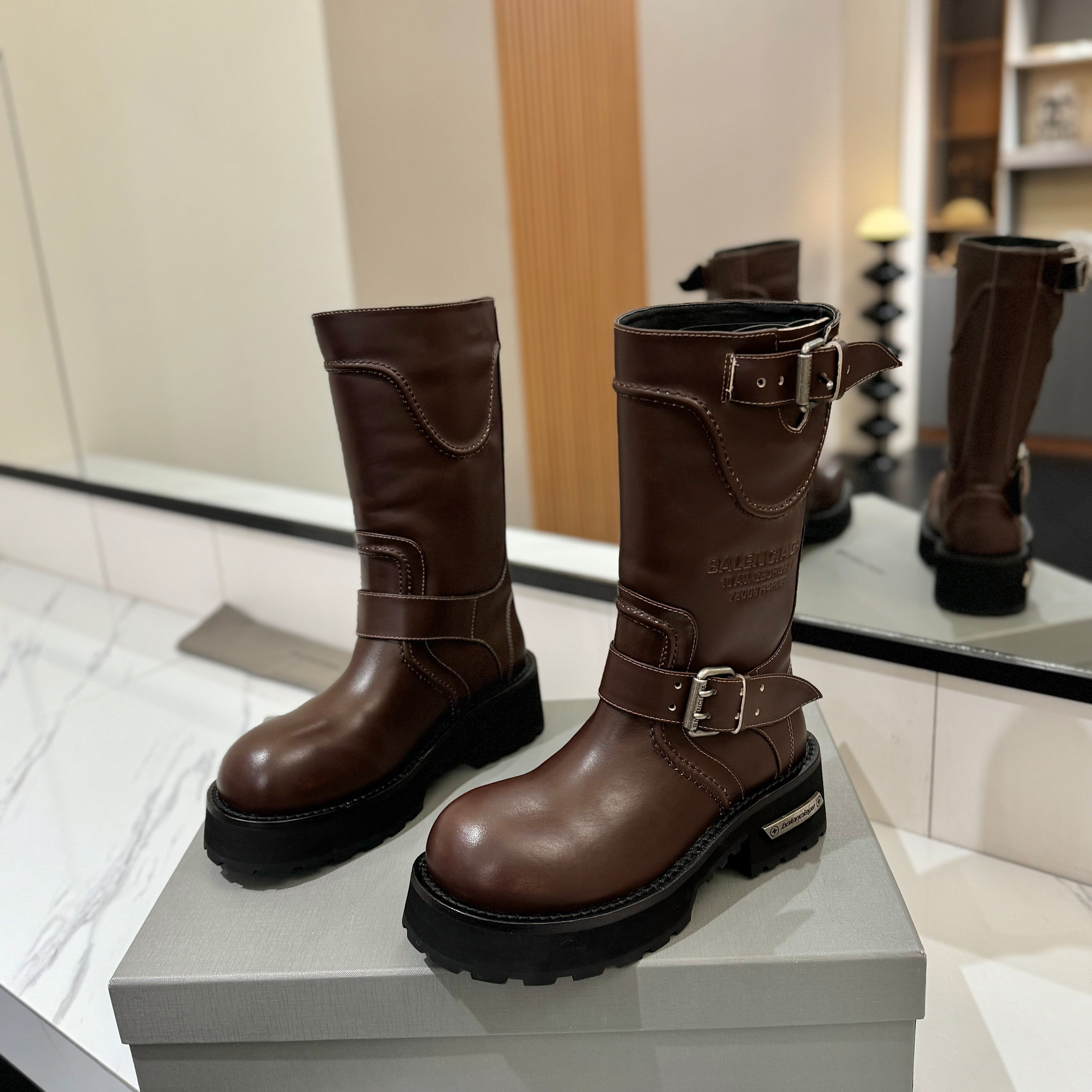 Balenciaga 25s buckled mid-calf boots brown calfskin  467614