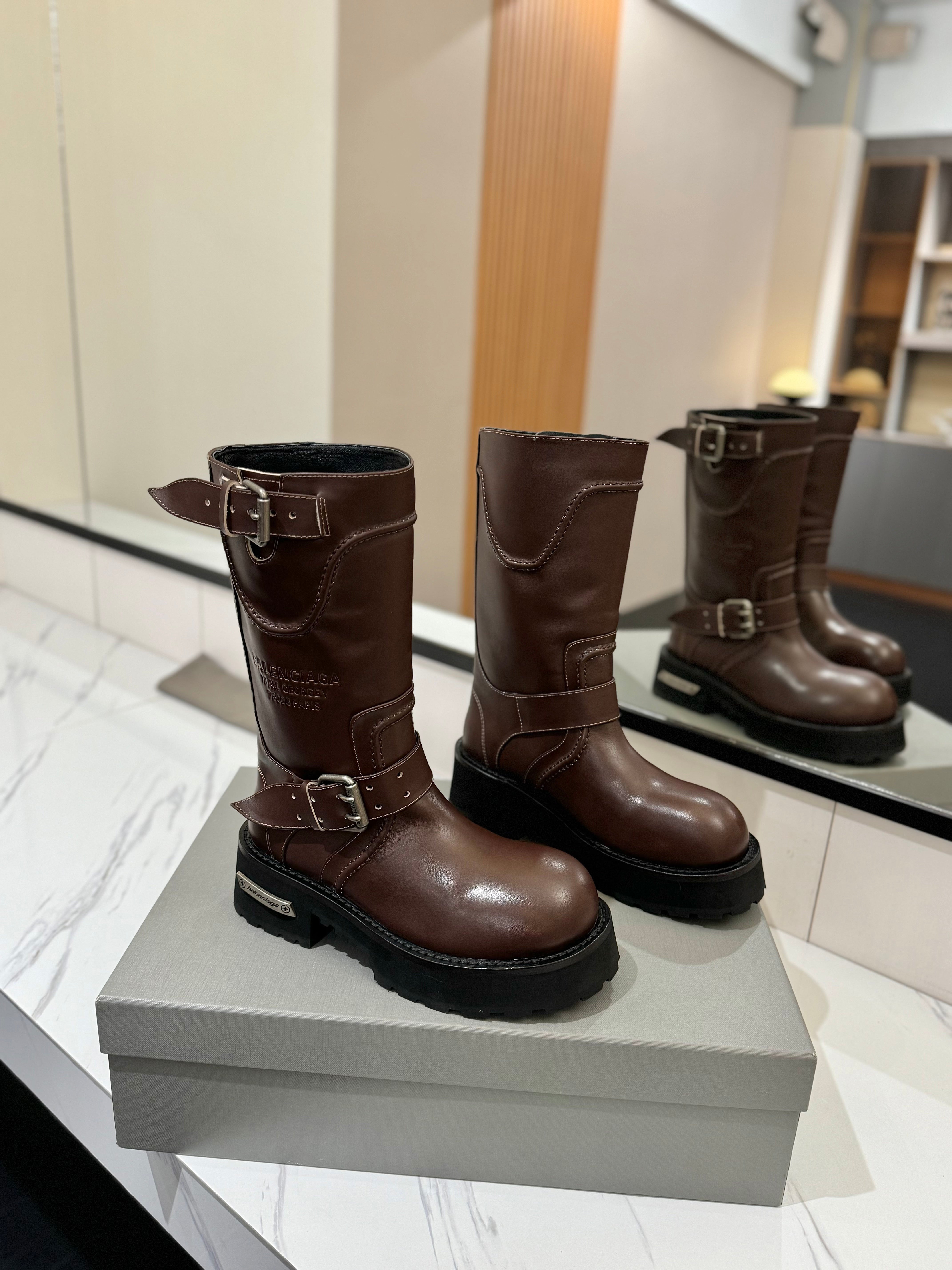 Balenciaga 25s buckled mid-calf boots brown calfskin  467614